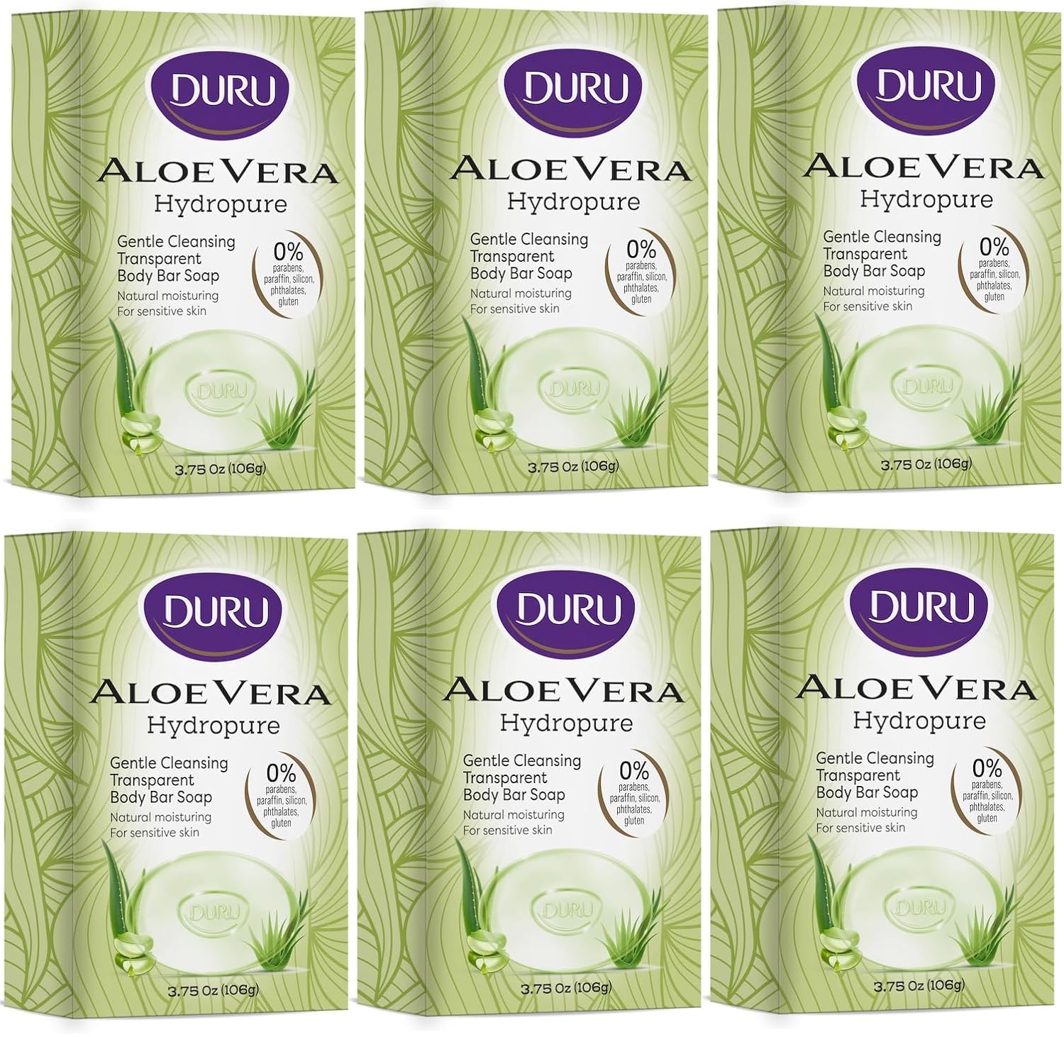 Duru Aloe Vera Glycerin Bar Soap Cleansing Bar Moisturizing Sensitive Skin - Vegan Transparent Paraben Free Alcohol Free Silicone Free Phthalete Free Gluten Free Body Wash - Pack of 6