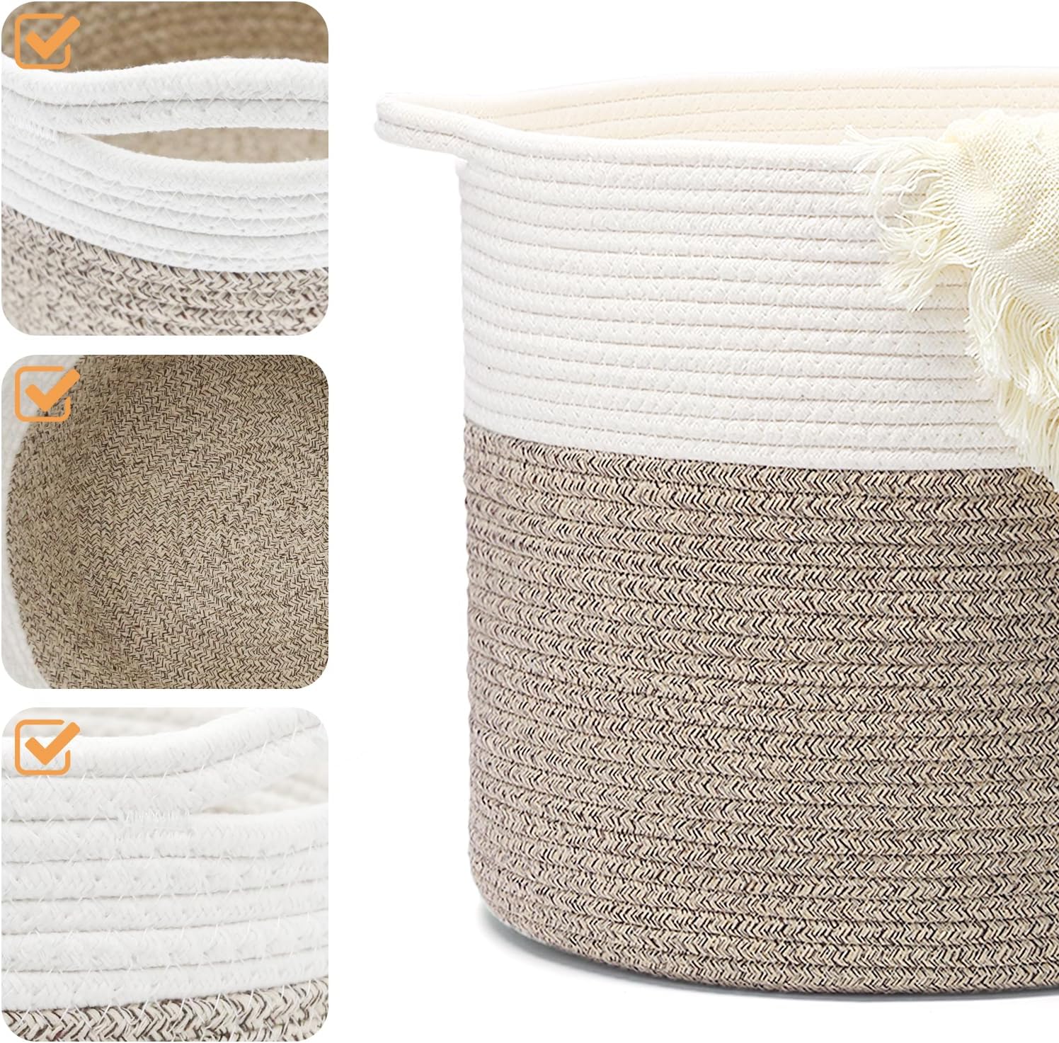 Laundry Hamper,Blanket Basket in Living Room Decor,Pure Cotton Rope Woven Basket for Dirty Clothes,Storage Basket for Nursery Bin,Baby Toy Storage,15.5 * 13.5 inches-40L White & Brown Mixed - Image 3