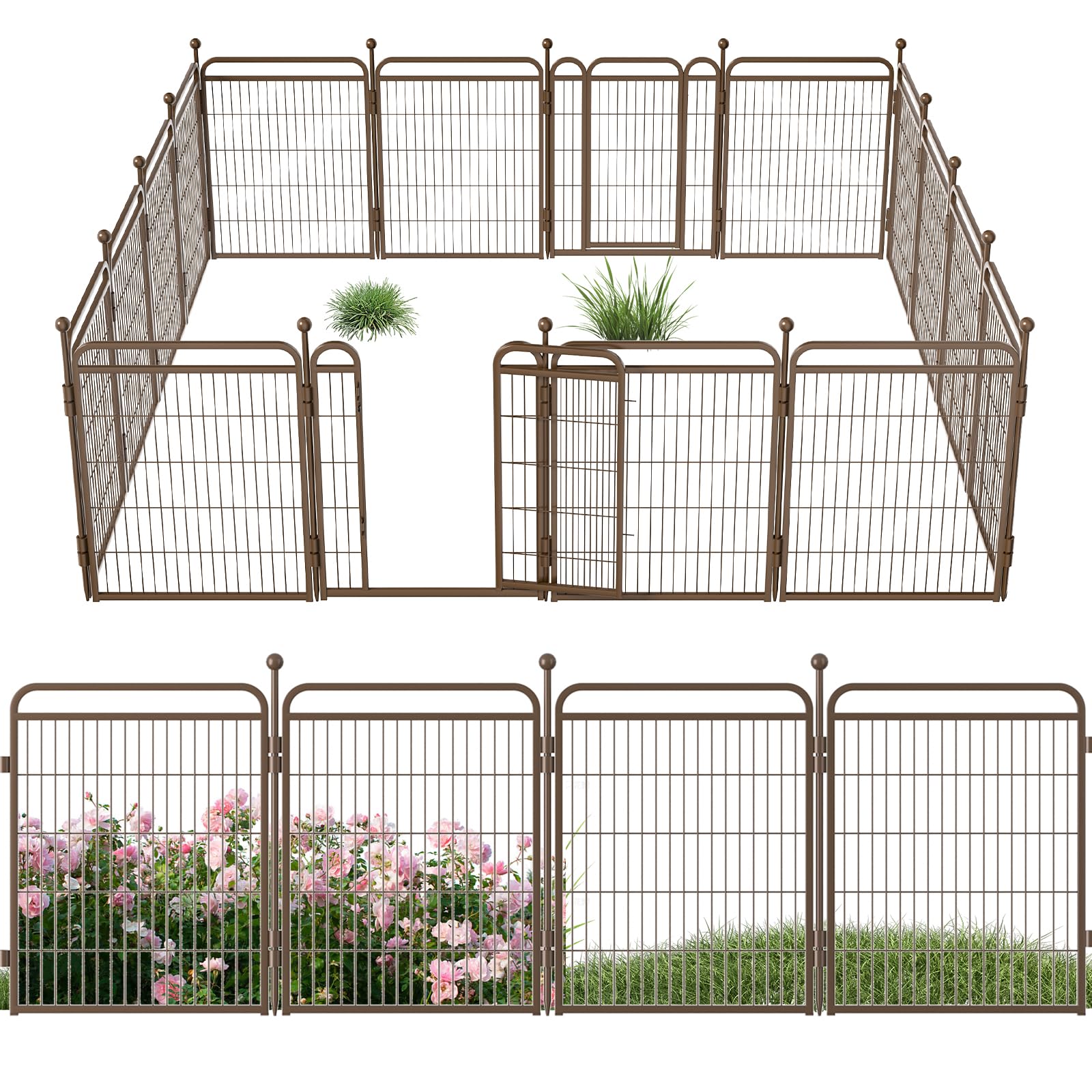 32 in(H) Decorative Garden Fence Outdoor for Yard with 2 Gates,Heavy Duty Iron 16 Panels Total 34.7ft(L) Anti Dig Fence with Gravity Automatic Lock for Indoor/Outdoor Dog Fence for rv Camping,Brown