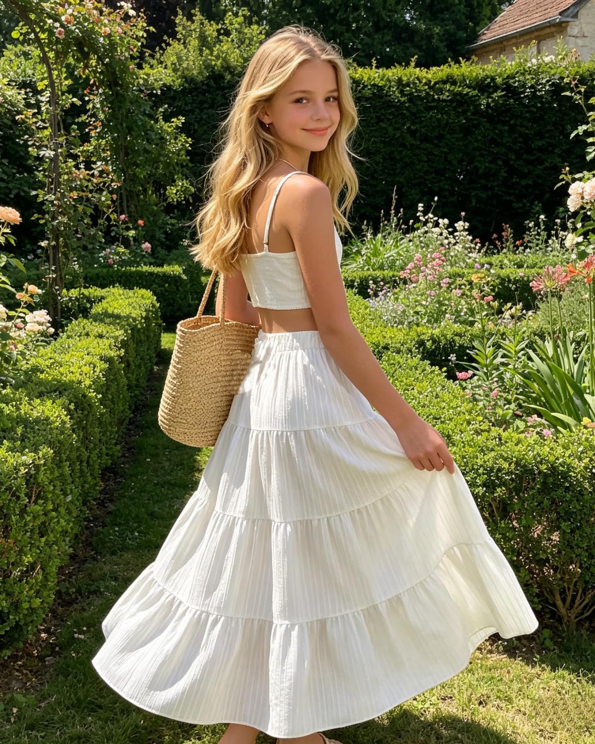 7-14 Years Tween Girl Summer Maxi Skirt Trendy High Waist Pleated Long Skirts Flowy Beach Boho Skirt Dress (Lined)