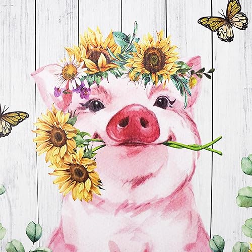 Miniatura 6 de HVEST Arte de pared de girasol de cerdo, lindo cerdo y girasoles con mariposa en tablero rústico, pintura abstracta, lienzo de granja para baño,