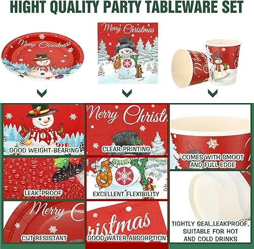 Miniatura 4 de Skylety Juego de 200 piezas de vajilla de Navidad con diseño de muñeco de nieve para fiestas, vajilla desechable de papel de muñeco de nieve para 50