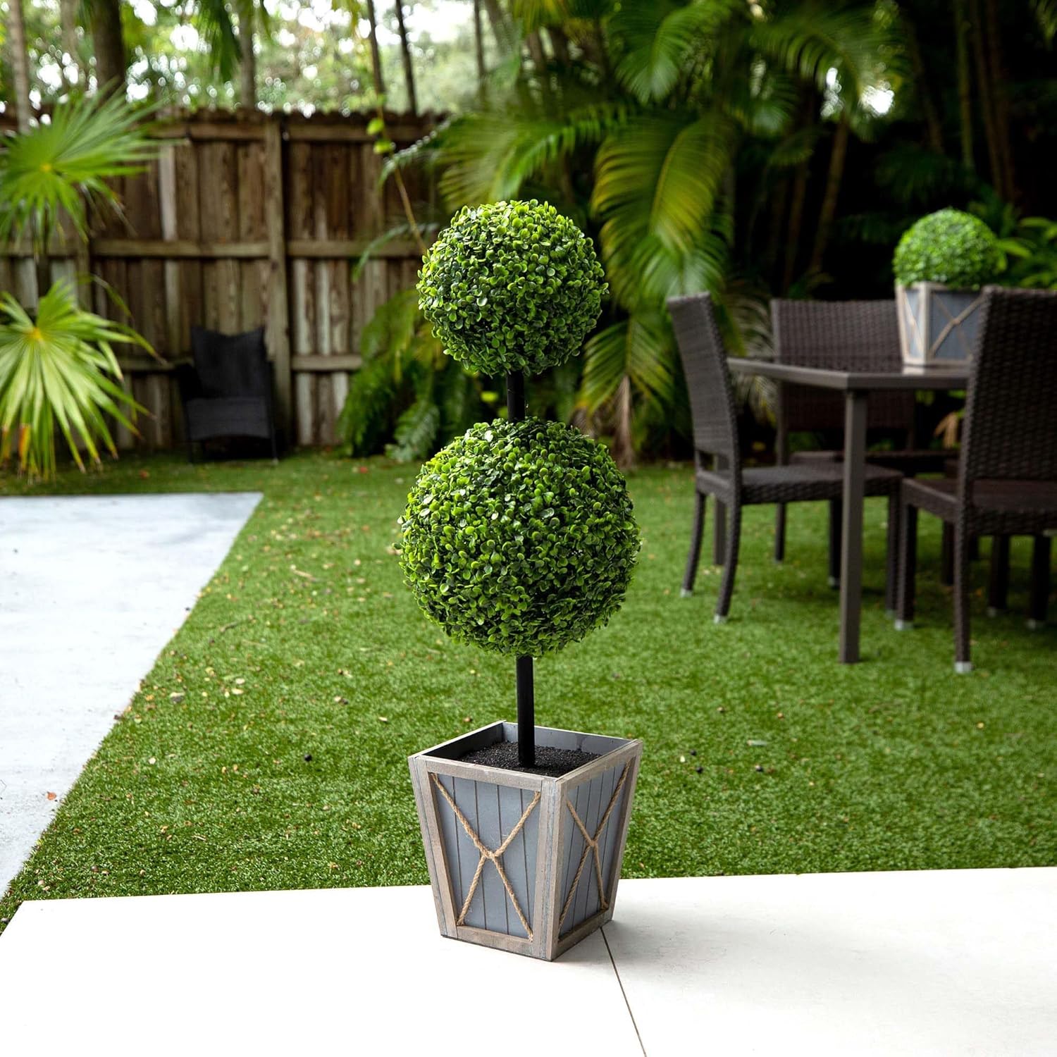 Nearly Natural 3ft. UV Resistant Artificial Double Ball Boxwood Topiary with LED Lights in Decorative Planter (Indoor/Outdoor)