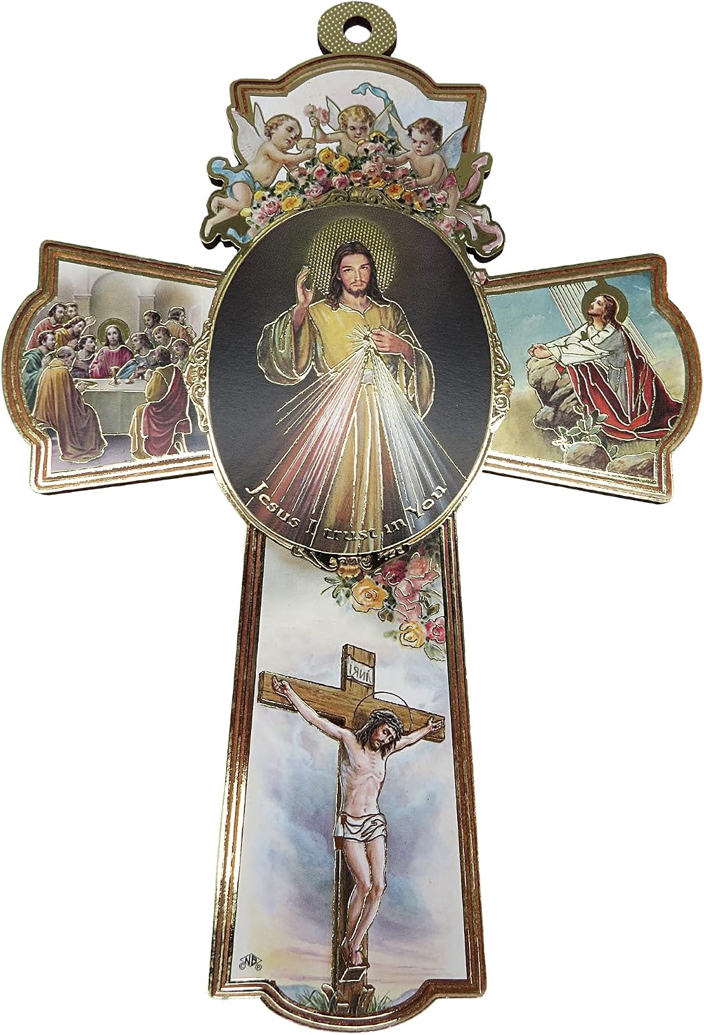 Needzo Divine Mercy Jesus Christ with Cherub Angel Wooden Hanging Icon Cross, Catholic Wall Art Plaque, 8 1/4 Inch