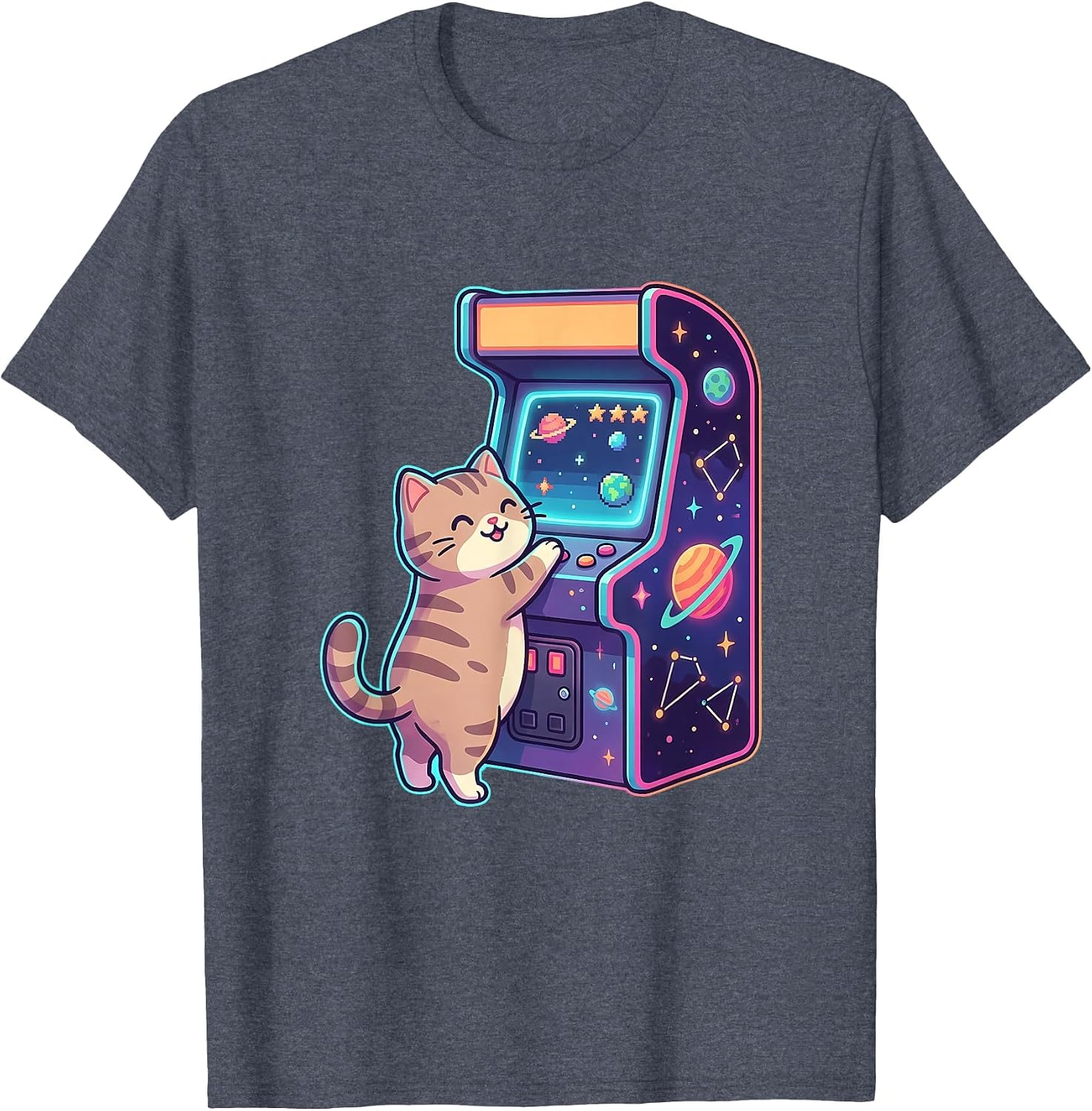 Cute Cat Playing Space Arcade Illustration Funny Cat Gaming T-Shirt image 3