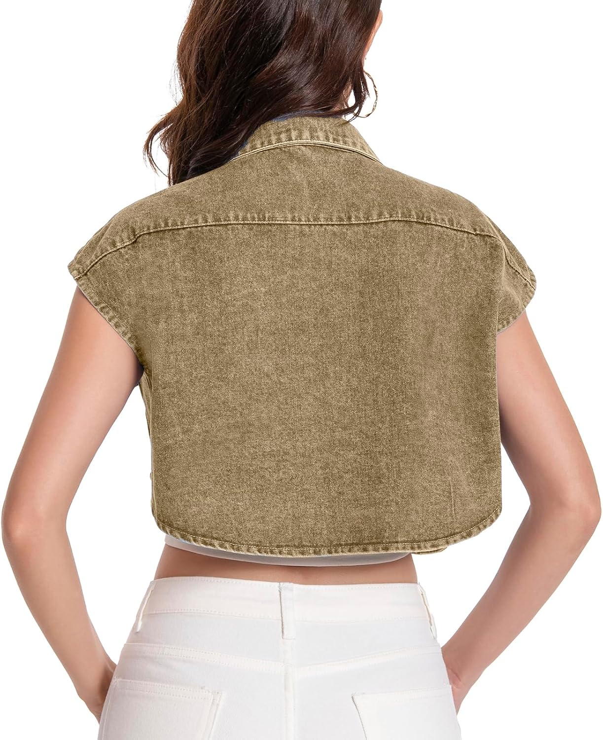 Women Cropped Denim Shirt Summer Jean Stylish Button Down Collared Cute Sleeveless Top with Pockets - Image 5