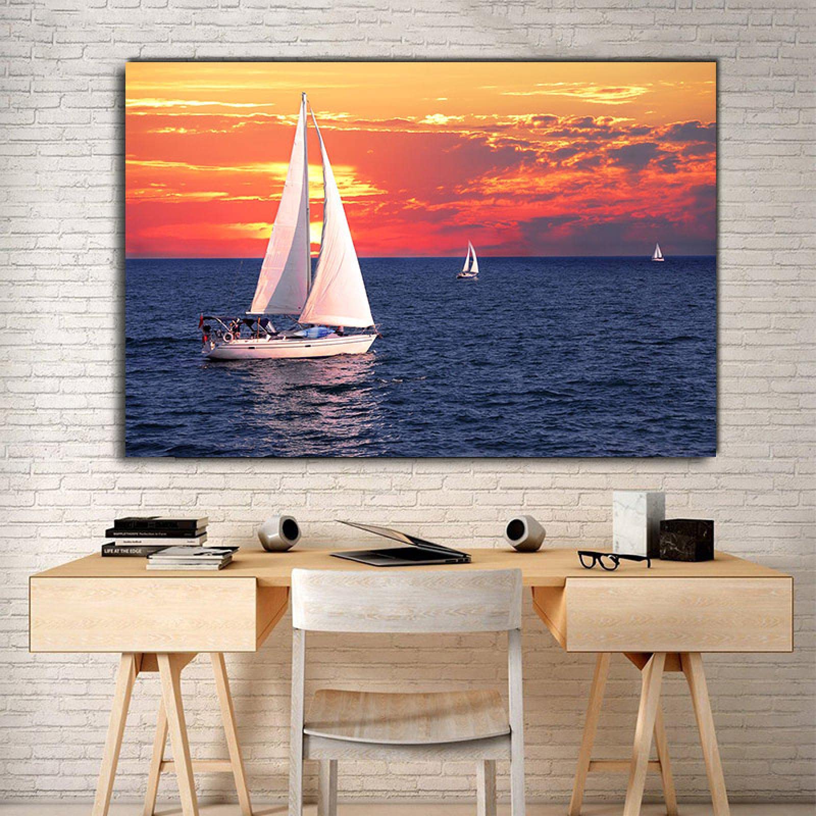 Amazon.co.jp: 海景壁アート写真ヨット美しいサンセットキャンバス絵画