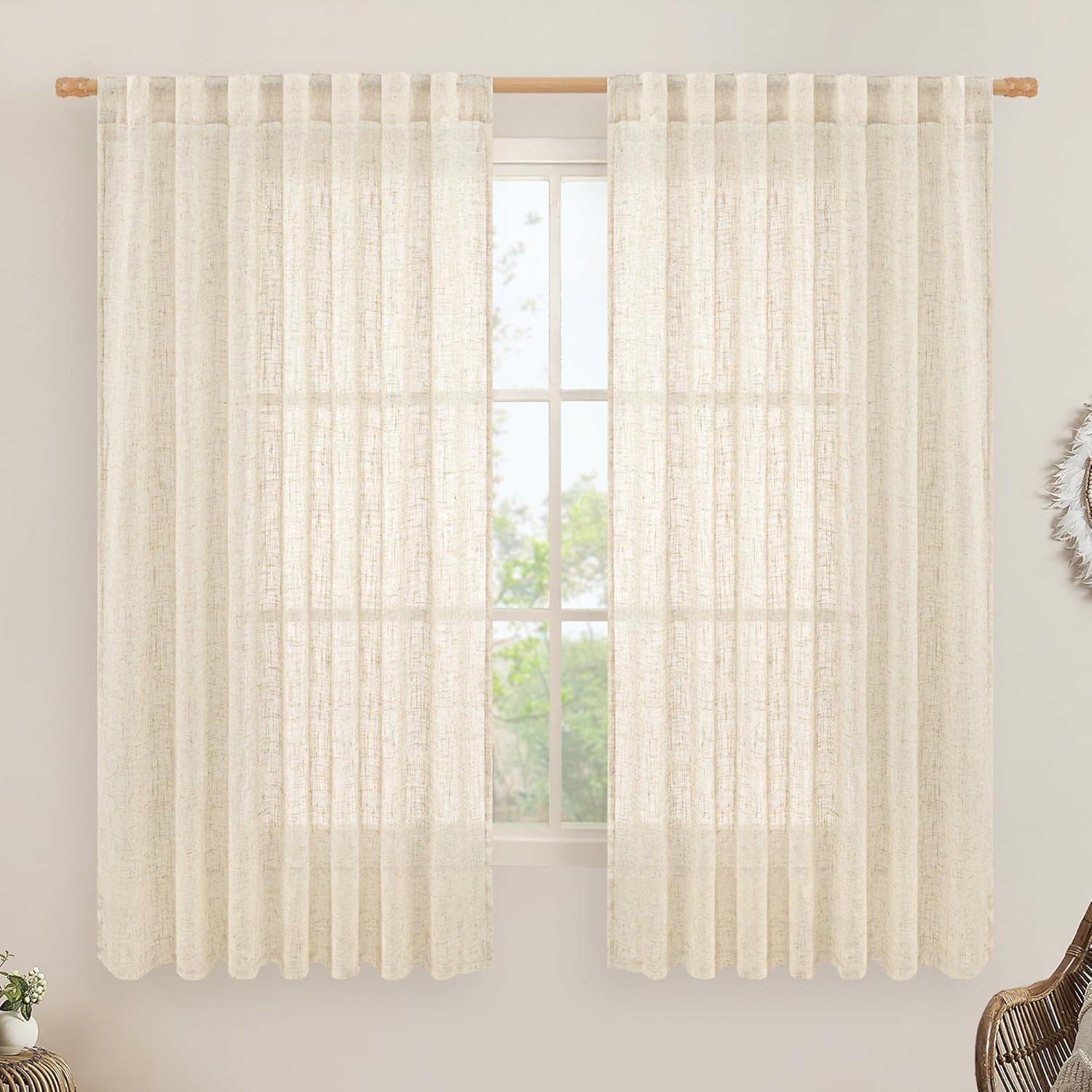 LAMIT Linen Curtains 63 Inch for Bedroom, Light Filtering Neutral Semi Sheer Window Curtains Back Tab and Rod Pocket Panels for Living Room, 2 Panels, Beige, 60 x 63 Inch