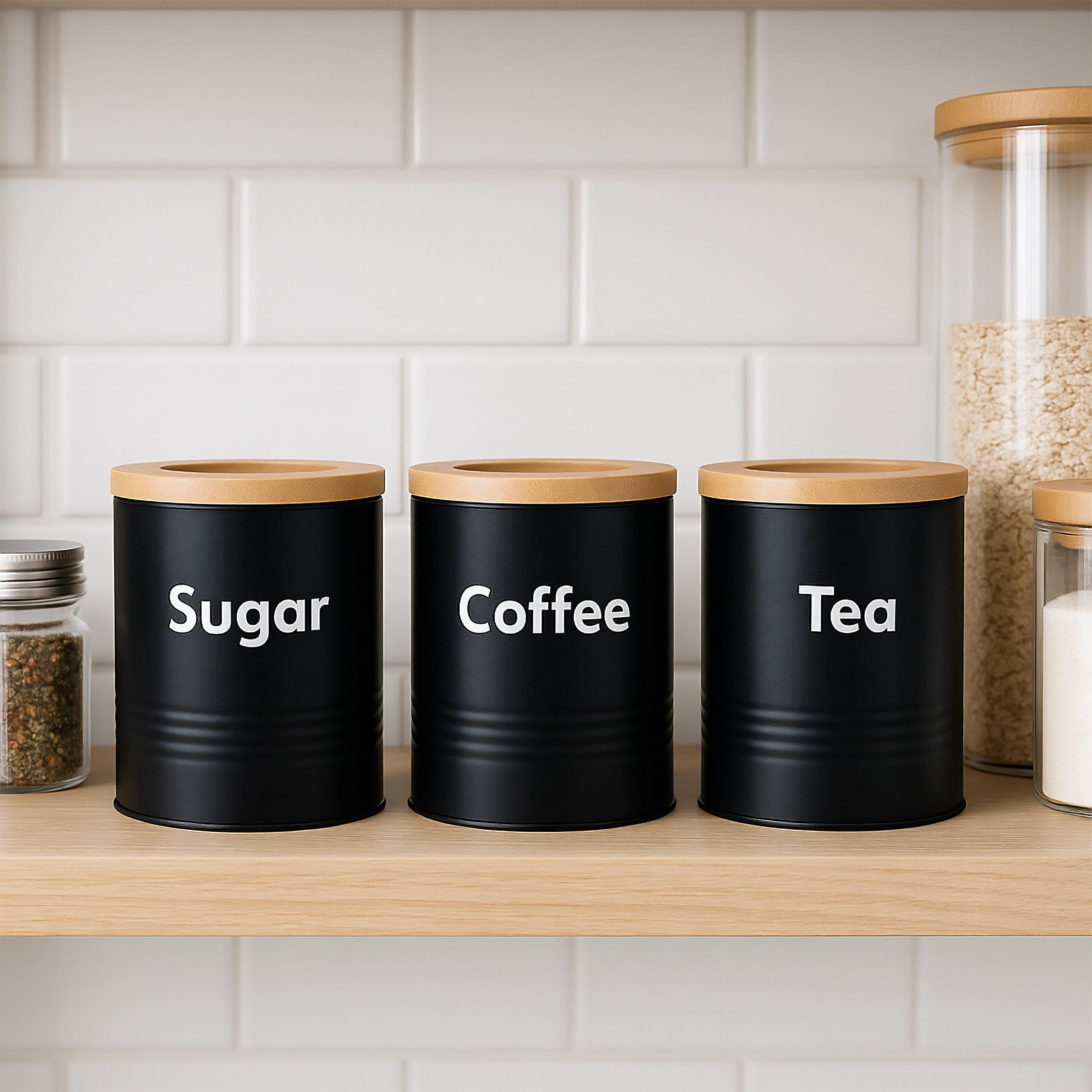 Relaxdays Barattoli da Cucina per caffè, Zucchero e tè, Set 3 Contenitori con Coperchio Ermetico, 14x11 cm, Nero bambù