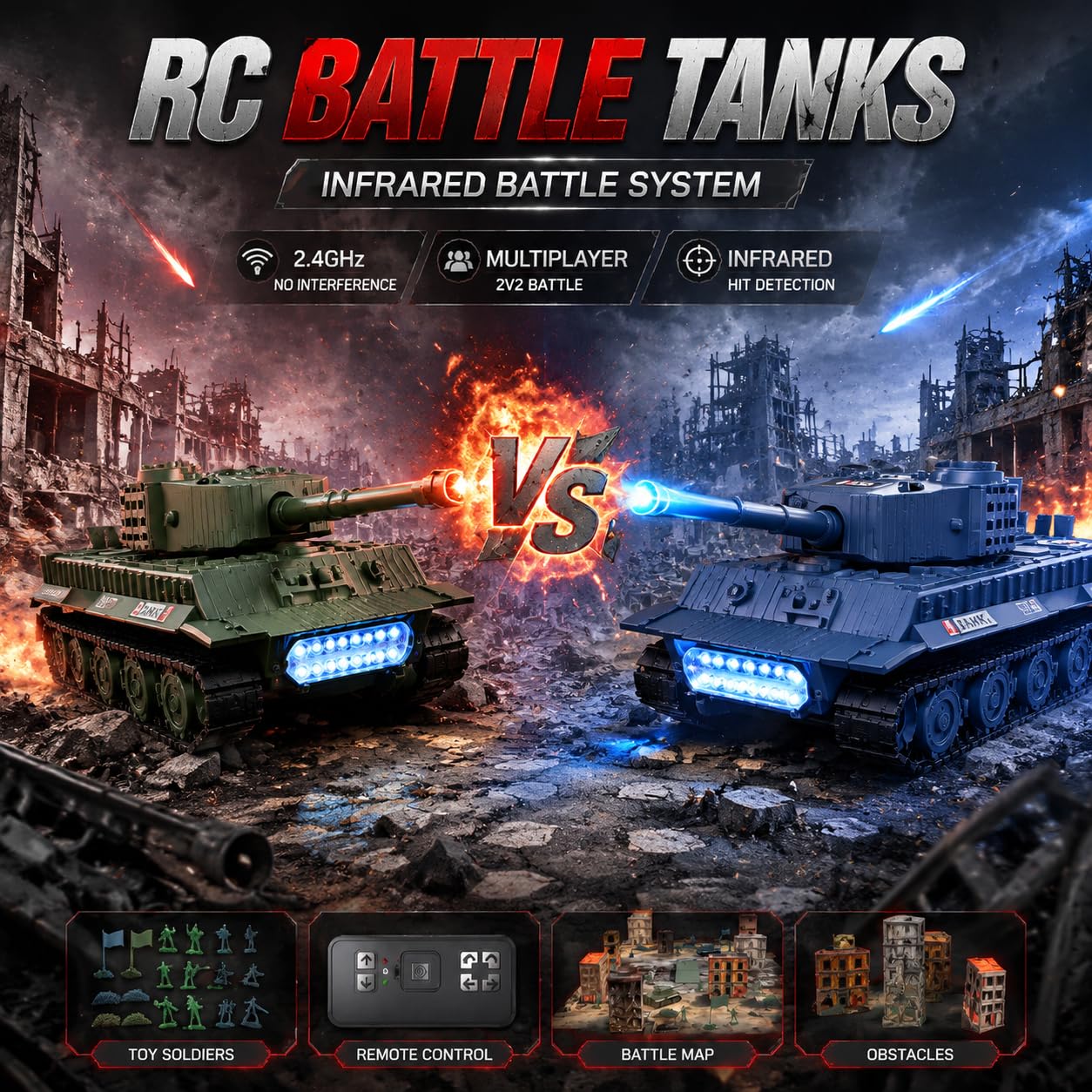 1/64 RC Battle Tank Set con suoni di tiro e luci, mappa del campo di battaglia