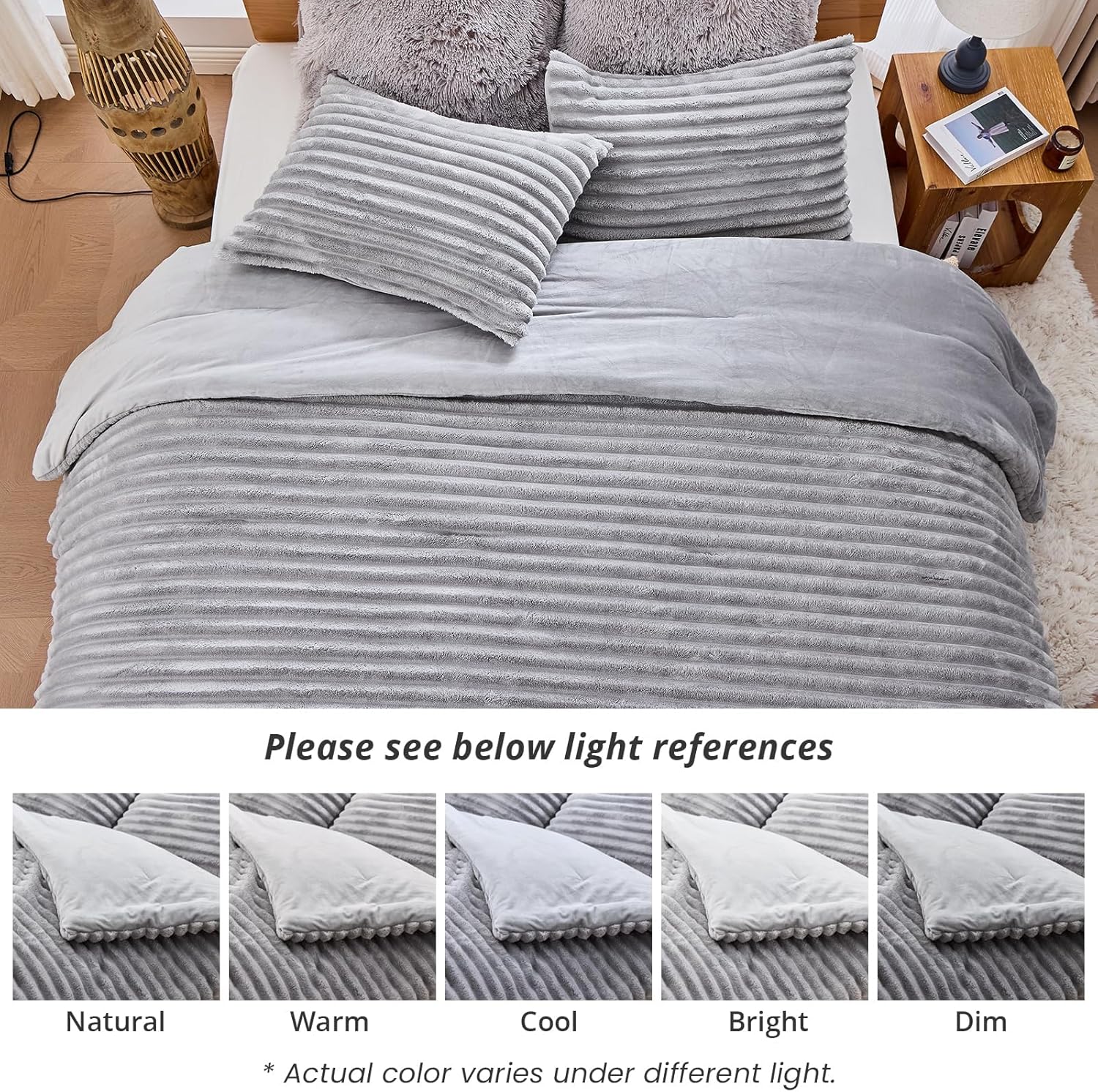 Sasttie Fluffy Comforter Set King 3 Pieces - Super Soft & Fuzzy Light Grey Comforter Set for Winter Warm Fleece Bedding, 1 Luxury Heavy Faux Fur Down Alternative Comforter with 2 Pillow Cases - Image 9
