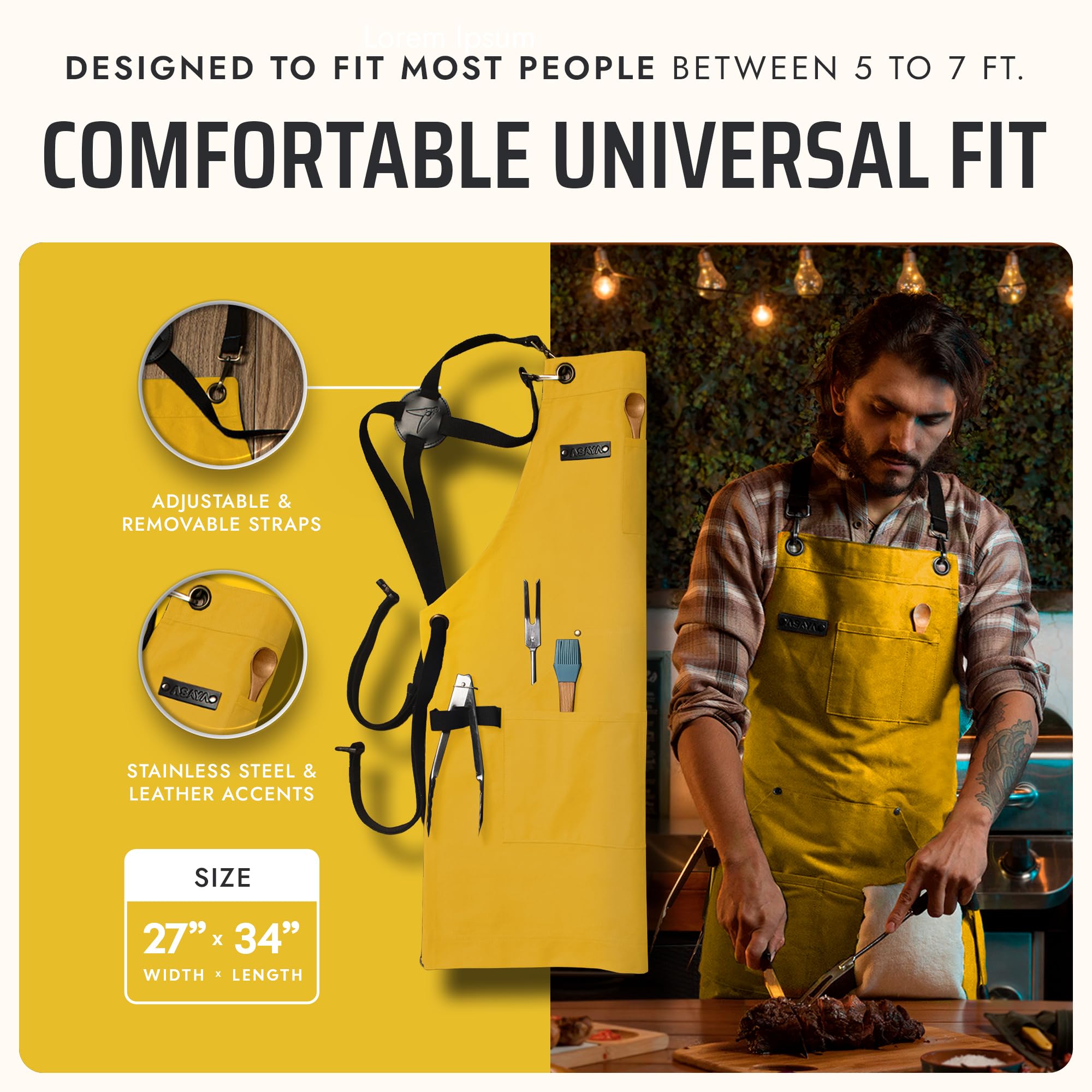 Asaya Delantal de chef y barbacoa con abrebotellas y toalla de mano, lona de algodón de 10 onzas, herrajes de acero inoxidable, correas cruzadas en la espalda, Amarillo, One size fits most
