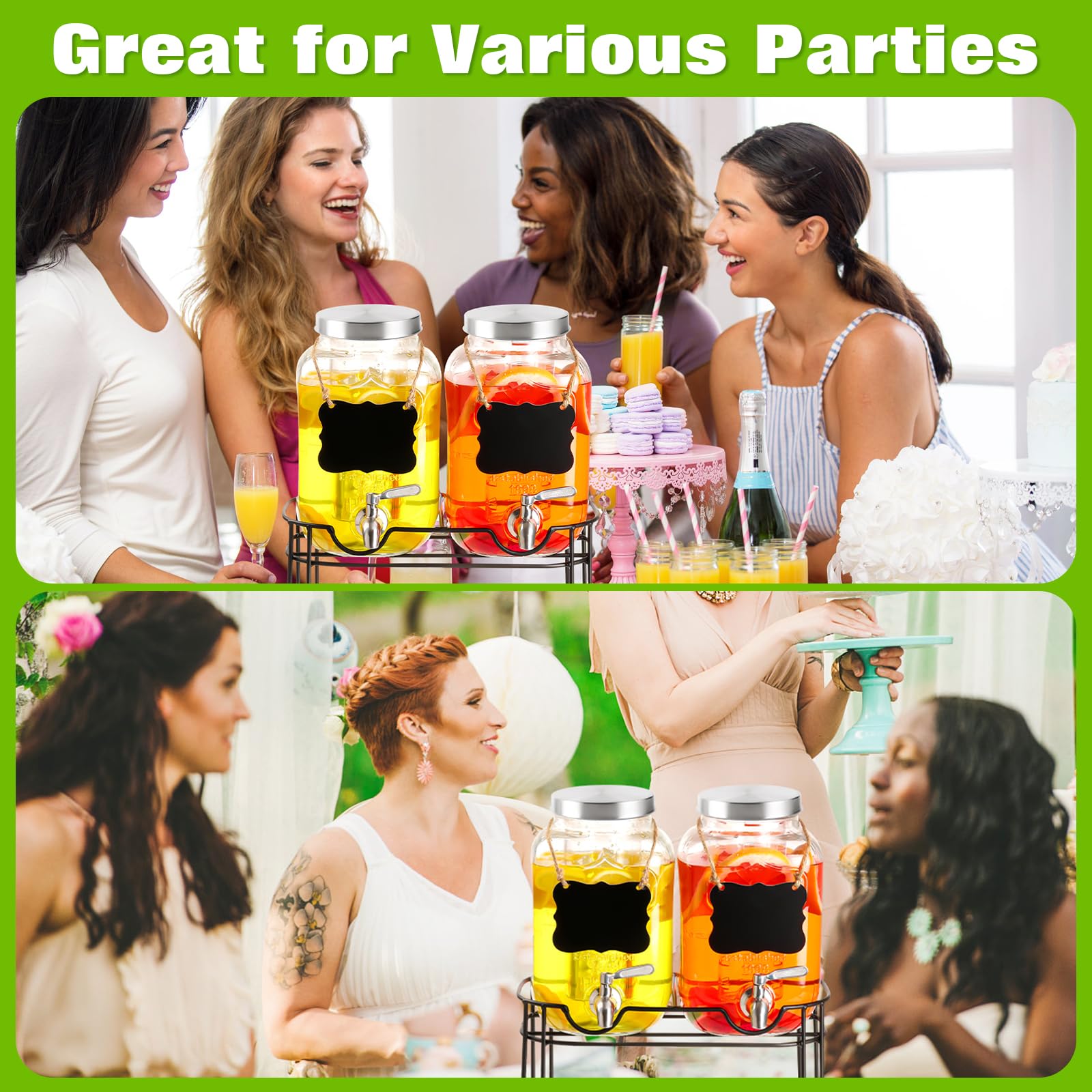 Dispensador de bebidas, paquete de 2 dispensadores de bebidas de vidrio para fiestas, dispensador de bebidas de 1 galón con soporte, espiga de acero inoxidable 100% a prueba de fugas, viene con