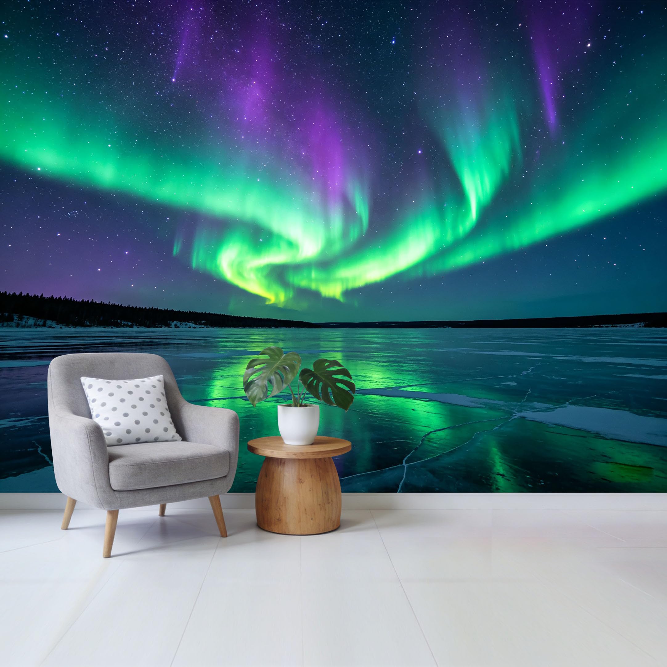 Qzlithotic Yq2605251242 Custom Size Wall Mural Stunning Aurora Borealis Night Sky Frozen Lake Landscape Selfadhesive Wall Fabric Removable Wallpaper For Home Office Decor