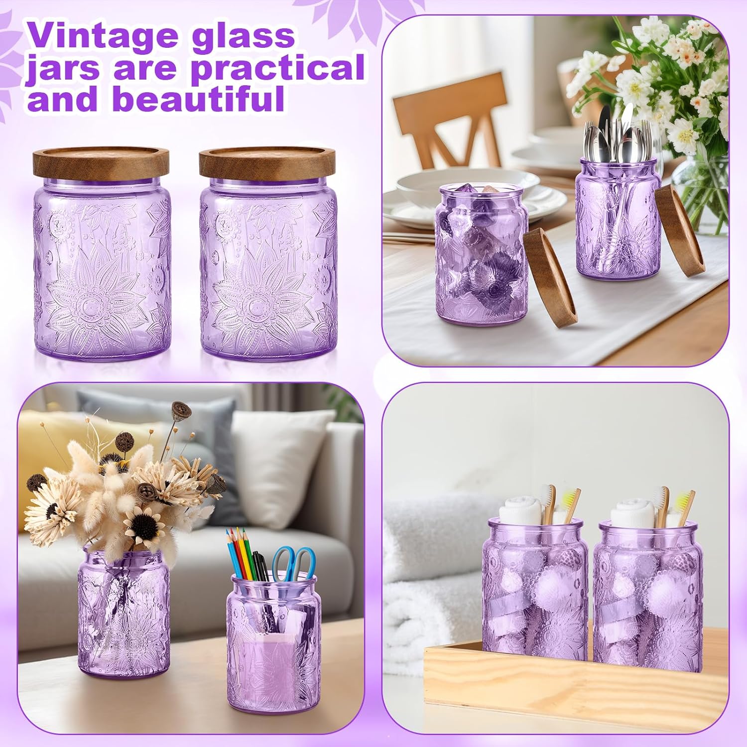 LemonRoad 4 Pcs Vintage Purple Glass Storage Jars 23.7 oz Mason Jar Canister with Wood Lids Food Storage Container for Cookie, Pantry, Candy Kitchen, Coffee, Tea, Flour, Sugar, Decorative Home Decor