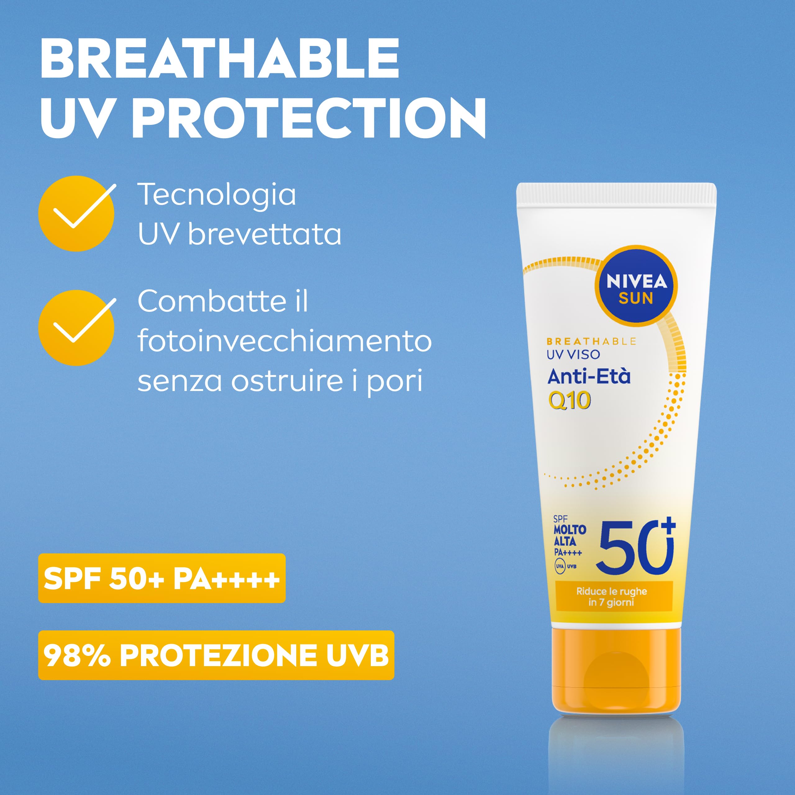 NIVEA SUN Anti-Age Q10 SPF 50+ 40 ml, Crema solare viso antirughe contro il fotoinvecchiamento, Crema viso SPF 50+ con Collagene e Coenzima Q10, Protezione solare ultra leggera, Non comedogena