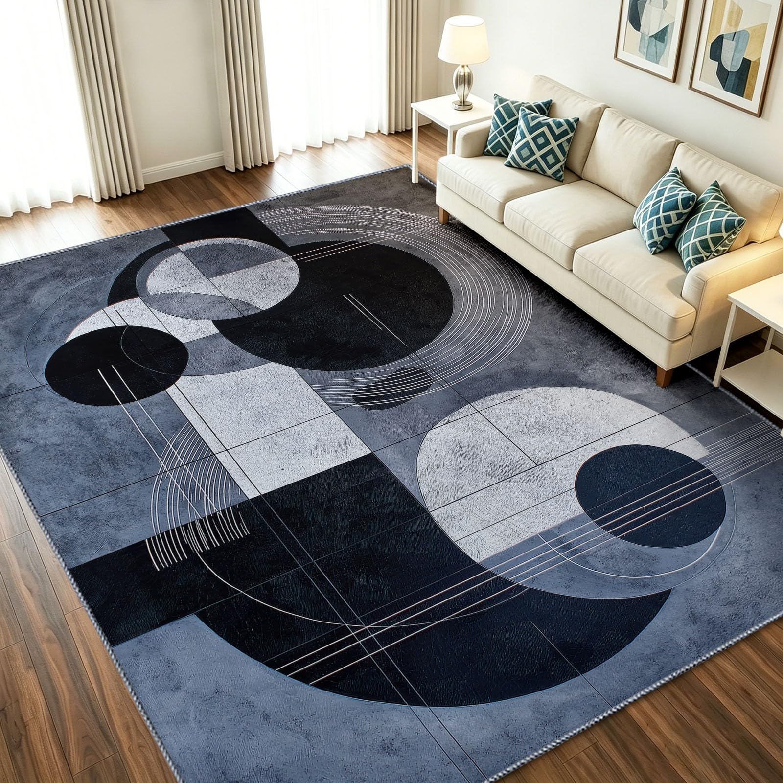 Alfombra para salón y oficina de 120 x 170 cm moderna gris con círculos curvados