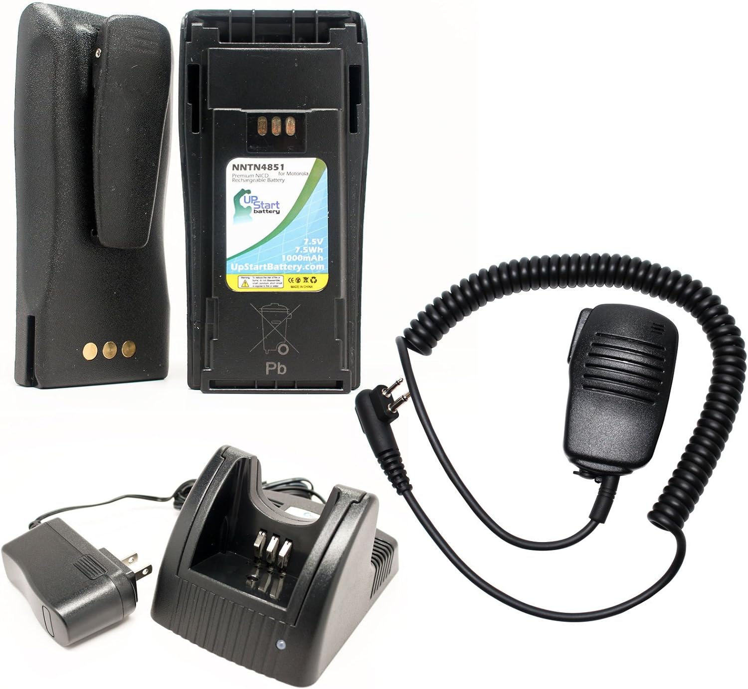 2-Pack Two-Way Radio Battery Replacement for Motorola NNTN4851 (1000mAh, 7.5V, NICD) + Charger + Shoulder Speaker w/Push to Talk Microphone - Replaces Motorola CP200, Motorola PR400, Motorola CP150