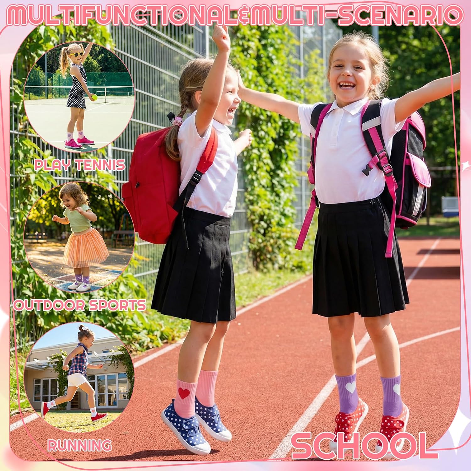 Girls Kids Crew Athletic Socks Cotton Breathable | Soft Retro Stripes Hearts Sport Socks for Running Outdoor Play School Gym Lightweight Cushioned