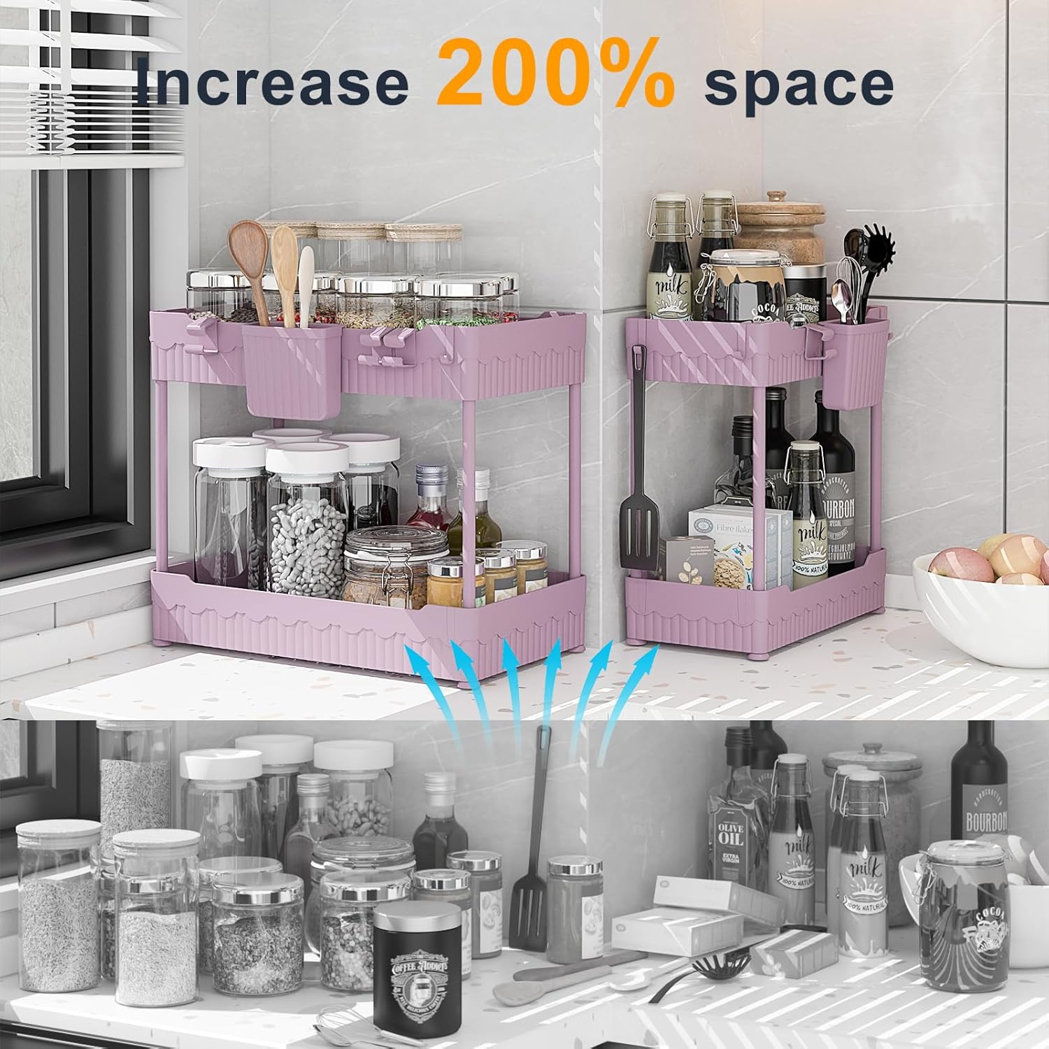 2 Pack Under Sink Organizer, Under Bathroom Cabinet Organizer with Hooks Hanging Cup, Multi-Purpose Storage Shelf for Kitchen Bathroom (Pink, L) - Image 2
