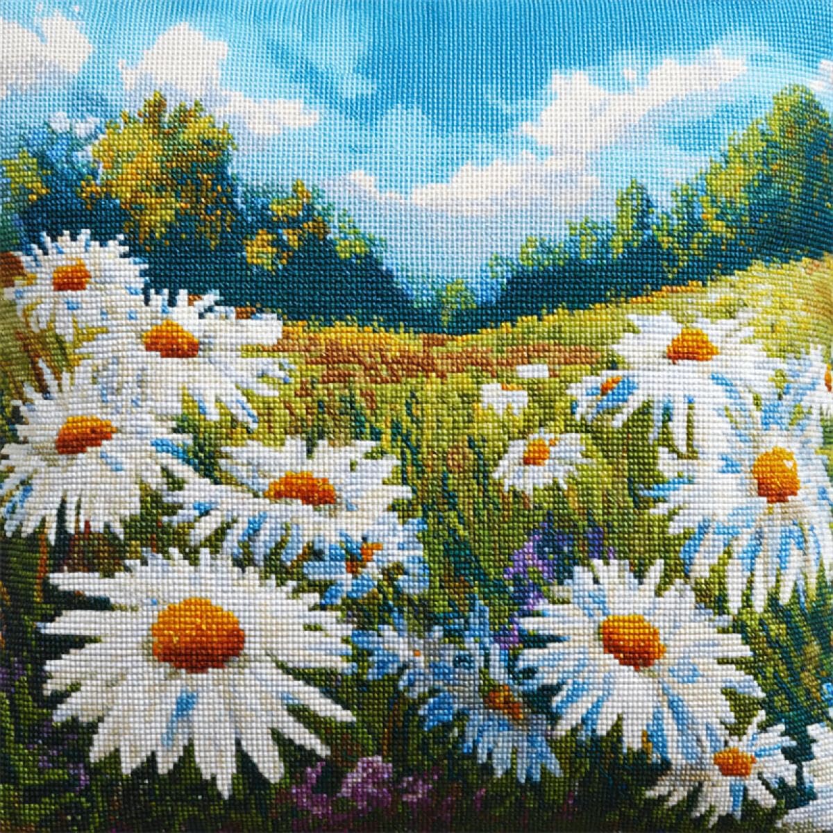 Kitquiver Latch Hook Craft Kits White Daisy Flowers Landscape Latch Hook Kit Pillow DIY Rug Crochet Hook Cushion Making Kits with Preprinted Pattern Canvas 43x43cm