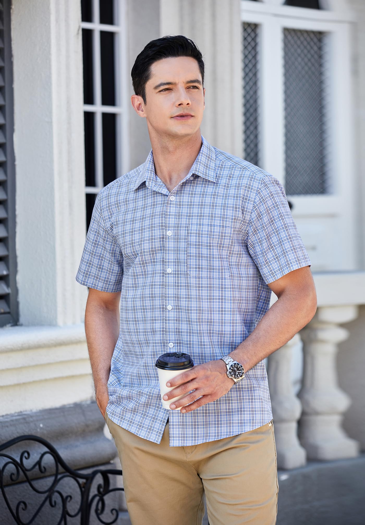 HISDERN Chemise Carreaux Homme Manches Courtes Boutonnées Décontractées Chemise été Travail Homme avec Poches Coupe Régulière