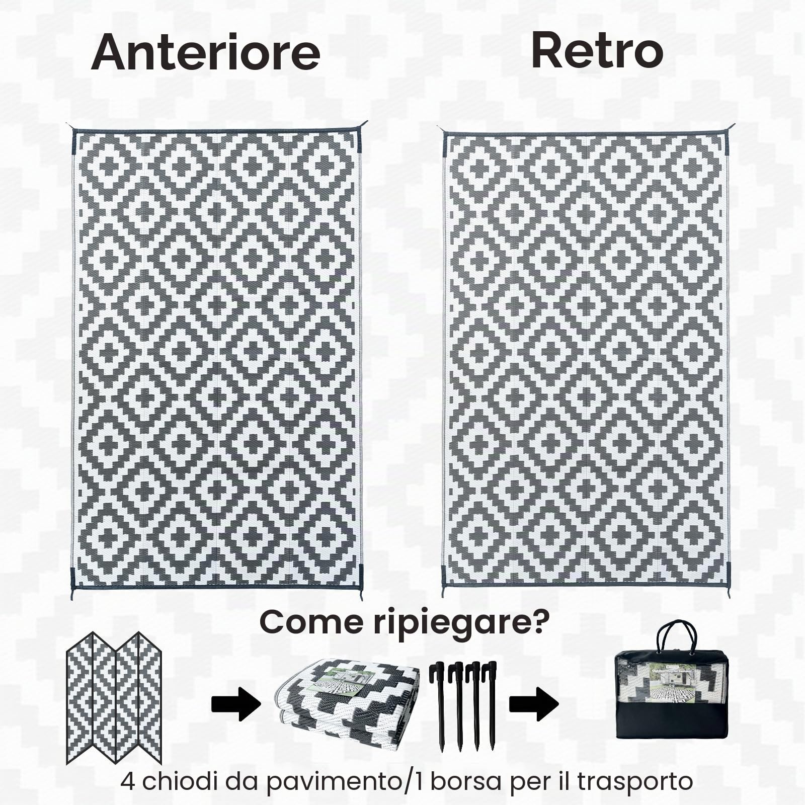 CHOSHOME Tappeto da Giardino Impermeabile 120x180CM Portatile Resistente ai Raggi UV in Plastica Riciclata per Interno ed Esterno - Balcone, Picnic, Spiaggia - Grigio