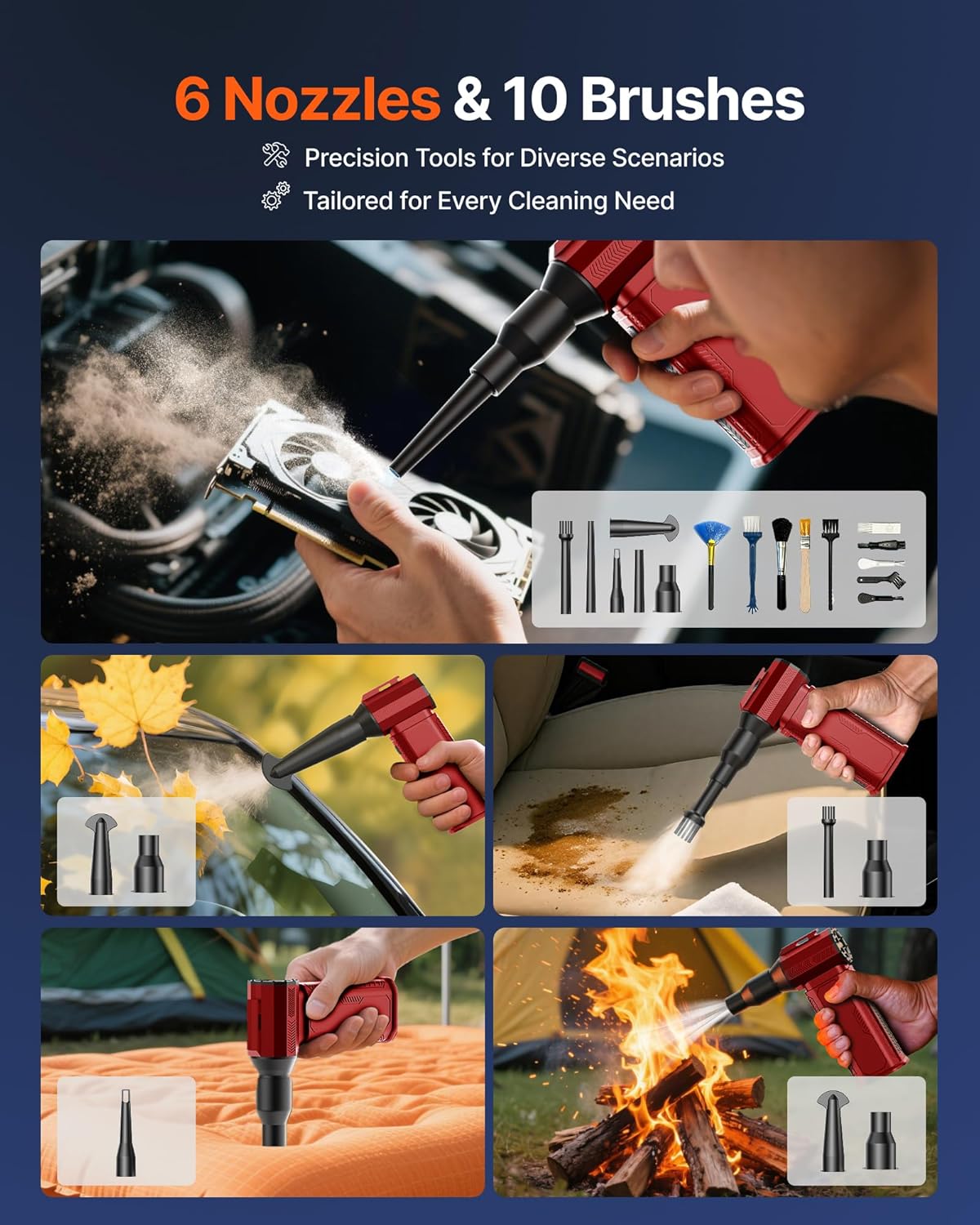 Compressed Air Duster, 130,000RPM Ultra-Powerful Cordless Electric Air Duster with 8000mAh Rechargeable Battery, 4-Gear Adjustable Air Blower for Keyboard, Computer, Car, Home Cleaning - Red - Image 7