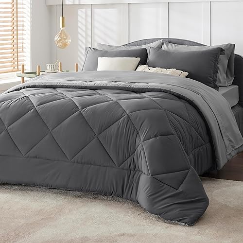 Bedsure Dark Grey Queen Comforter Set - 7 Pieces Reversible Queen Bed in a Bag, Queen Bed Set Dark Grey with Comforters, Sheets, Pillowcases & Shams