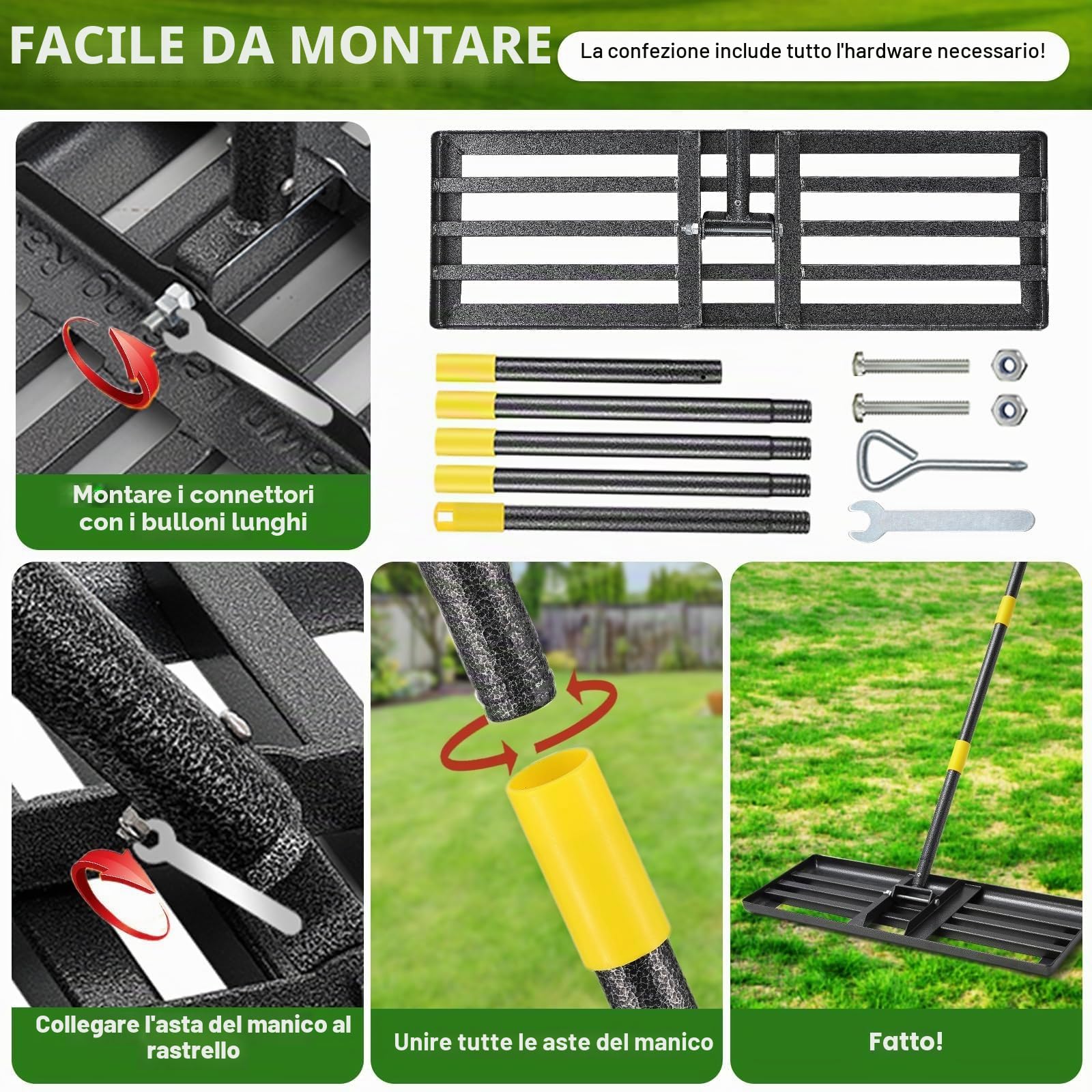 Rastrello Raschietto per prato, in acciaio inox, da 157 cm, per livellare erba di campi da golf, erba di giardini, prati, cortili interni (76 x 25 cm)