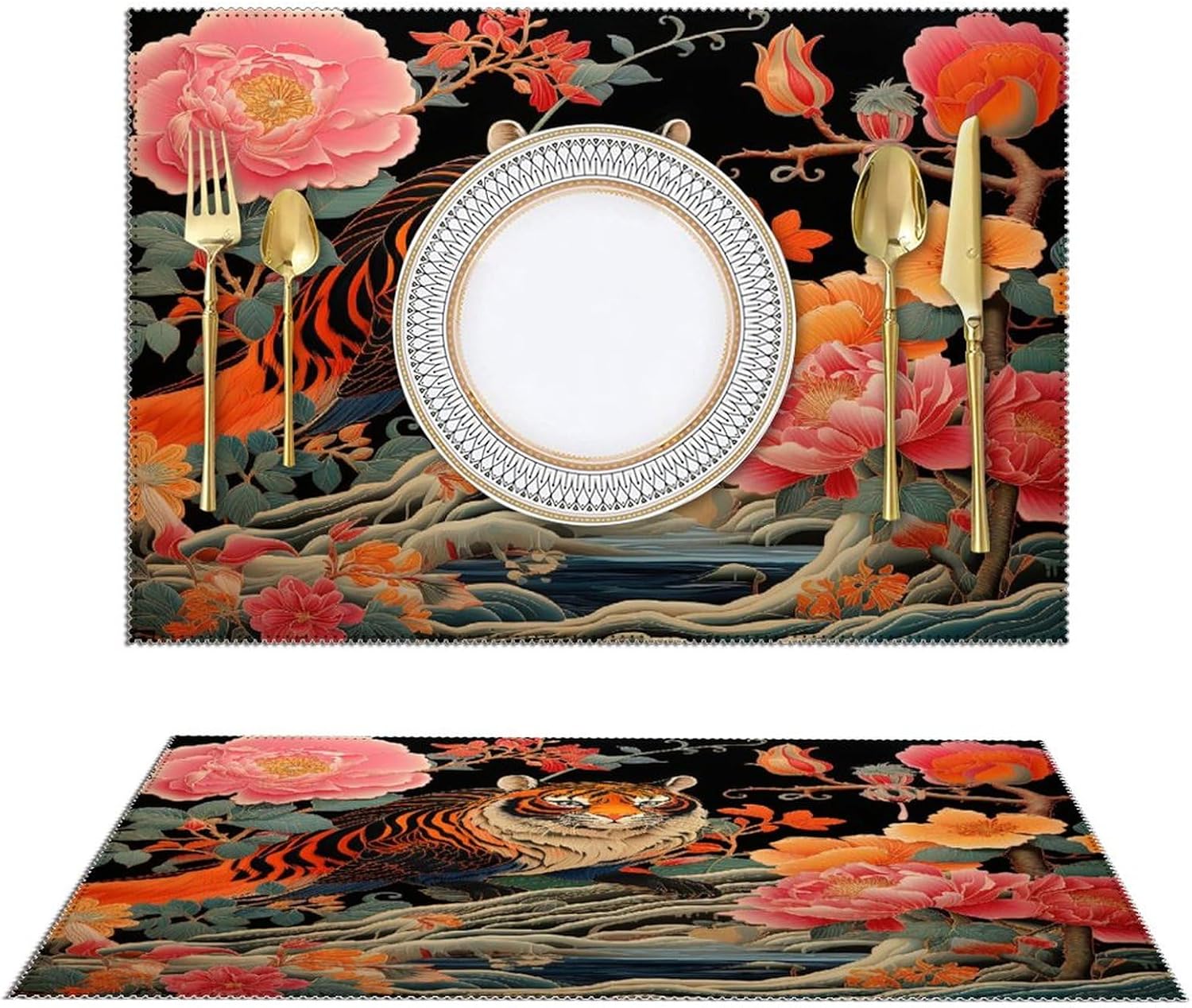 Place Mat Set Animal Tiger Stripe Colorful Chinoiserie Washable Cloth Fabric Place Mats Decorative Anti-Slip Placemat Set Great for Kitchen Dining Table Christmas Indoor and Outdoor BBQ Coffee