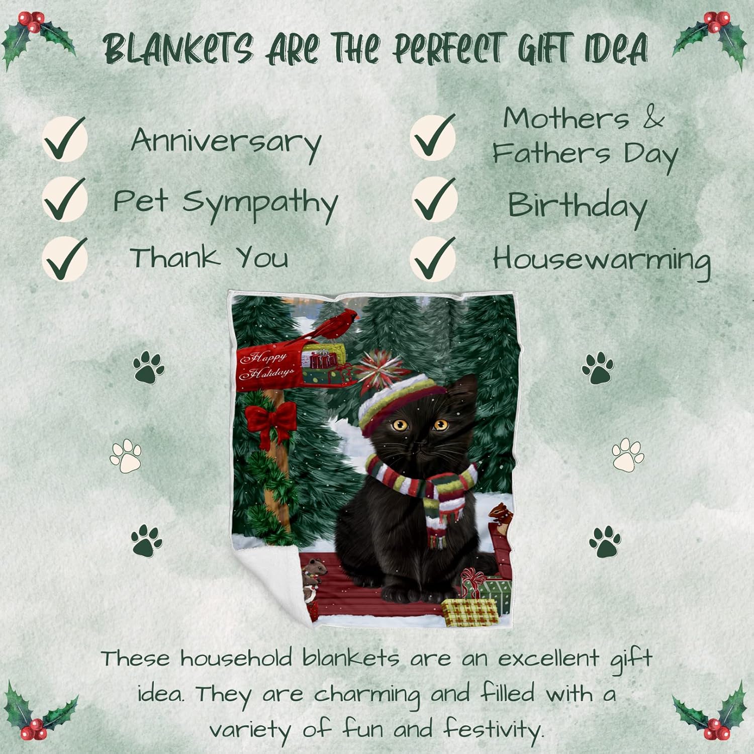 Doggie of the Day Black Cat Blanket - Merry Christmas Woodland Sled - Super Soft & Warm Pet Theme for Sofa or Bed, Warm Fleece, Sherpa or Woven Material, BLNKT50466 (50x60 Sherpa)