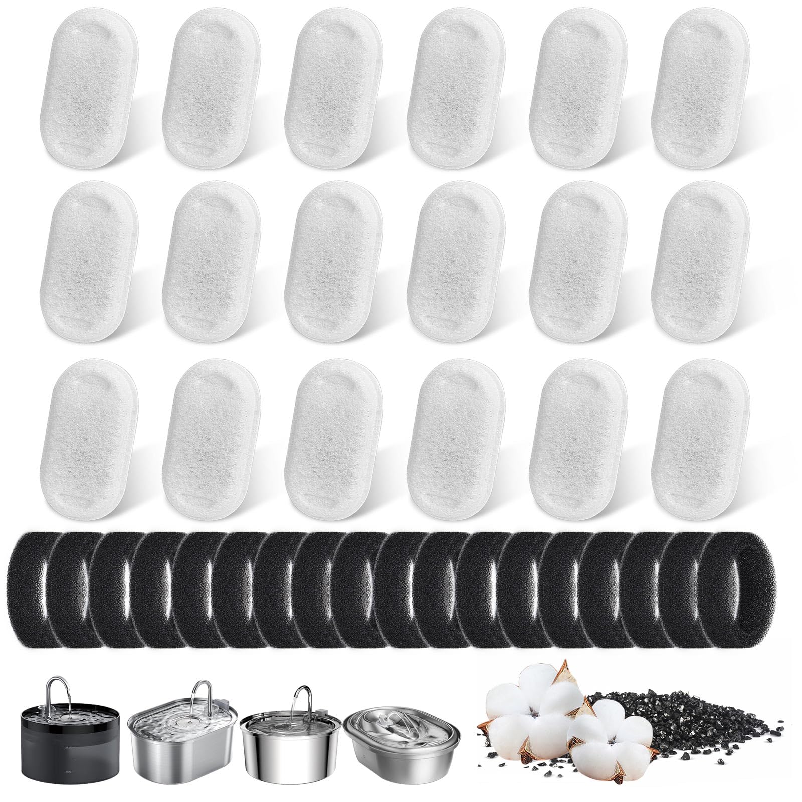 VORHOT 18+18 Piezas Filtros Fuente Gatos, Filtro para Fuente de Agua para Gatos Incluyen 18 Filtros de Carbono y 18 Esponjas de Espuma