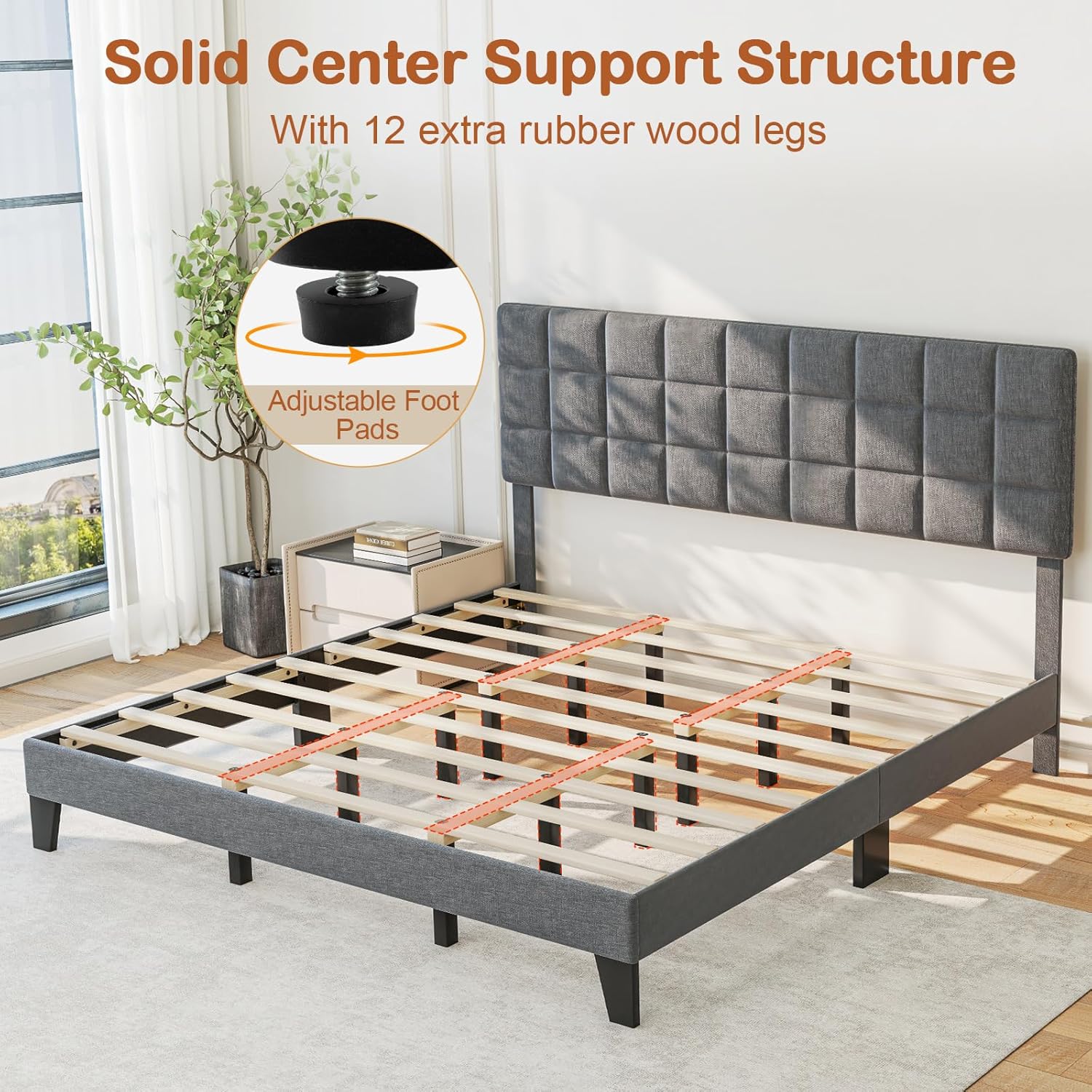 KOMFOTT King Size Platform Bed Frame with Adjustable Headboard, Modern Linen Fabric Upholstered Platform Bed with Wooden Slat Support, Mattress Foundation No Box Spring Needed, Grey
