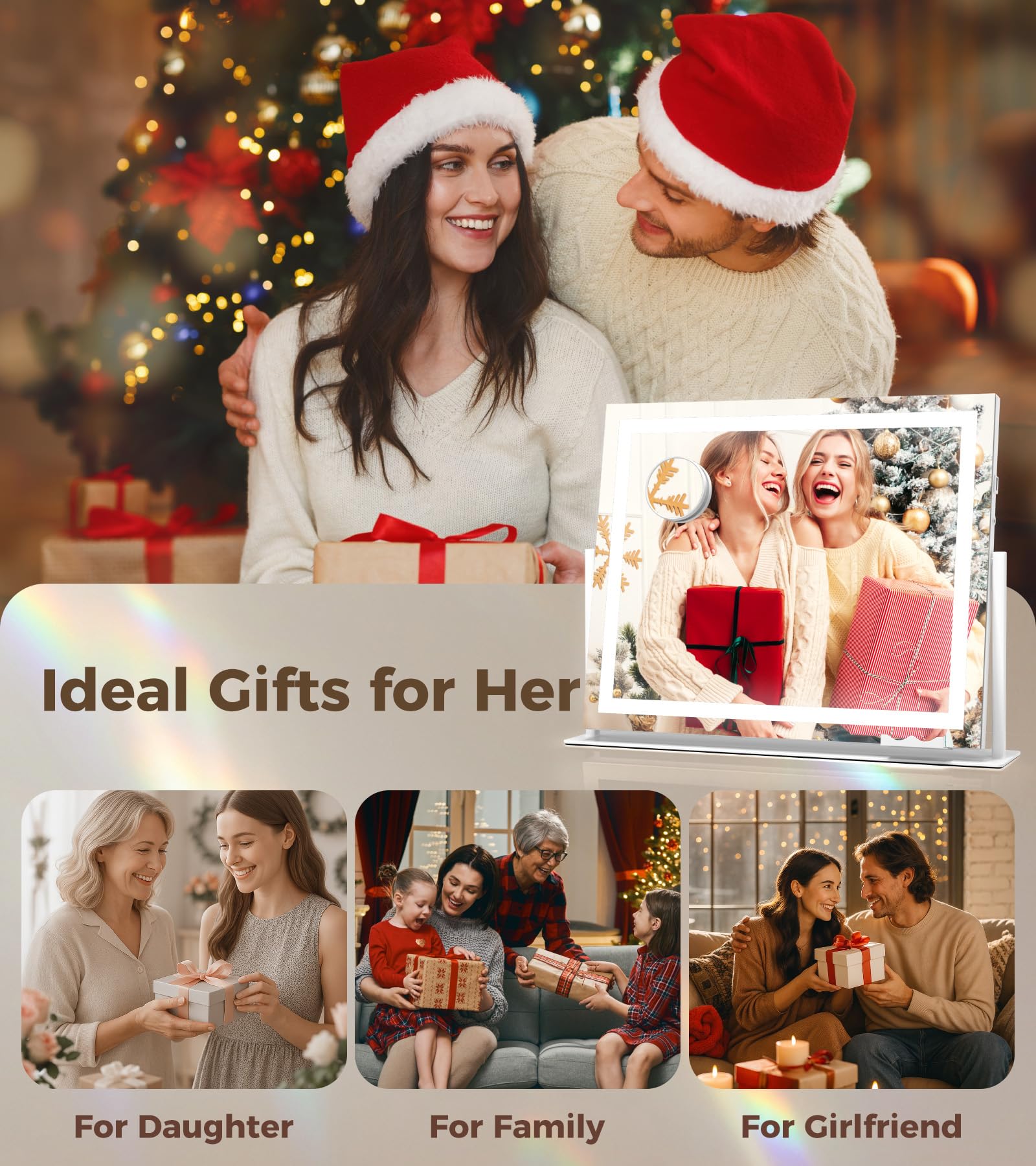 Saliwa Espejo de tocador con luces, espejo de maquillaje iluminado con 3 modos, espejo de aumento 10X, brillo continuo, rotación de 360°, regalos de Navidad y San Valentín para mujeres, hija, mamá