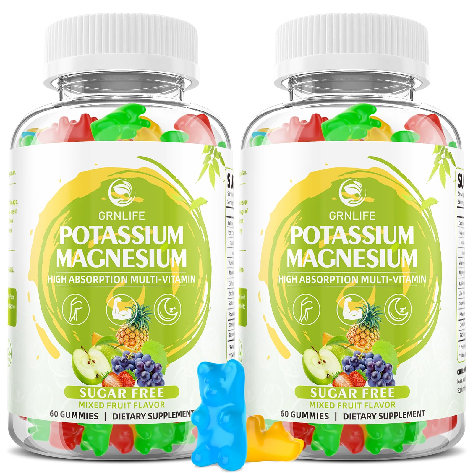 Potassium Magnesium Supplement Gummies, Potassium Gummies for Adults Kids, High Absorption Magnesium Glycinate for Leg Cramps & Immune Health, Sugar-Free, Vegan Mixed Flavors, 120 Count Mixed Flavors 60 Count (Pack of 2)