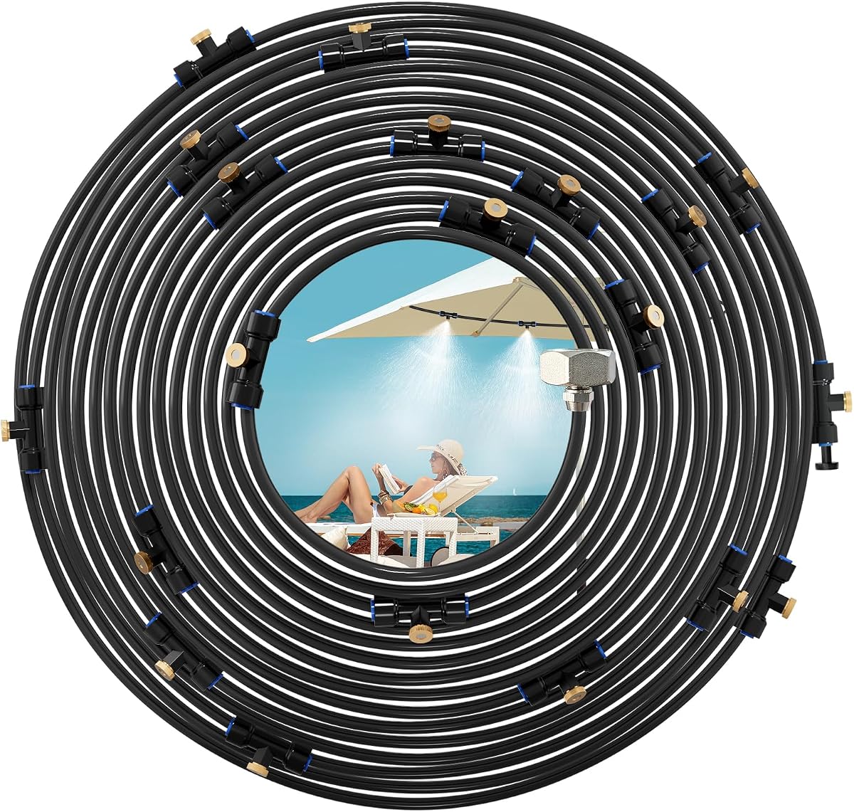 Misting Cooling System, 26FT (8M) Misting Line + 7 Brass Mist Nozzles + Brass Adapter(3/4") Outdoor Mister for Patio Garden Greenhouse Trampoline for Waterpark