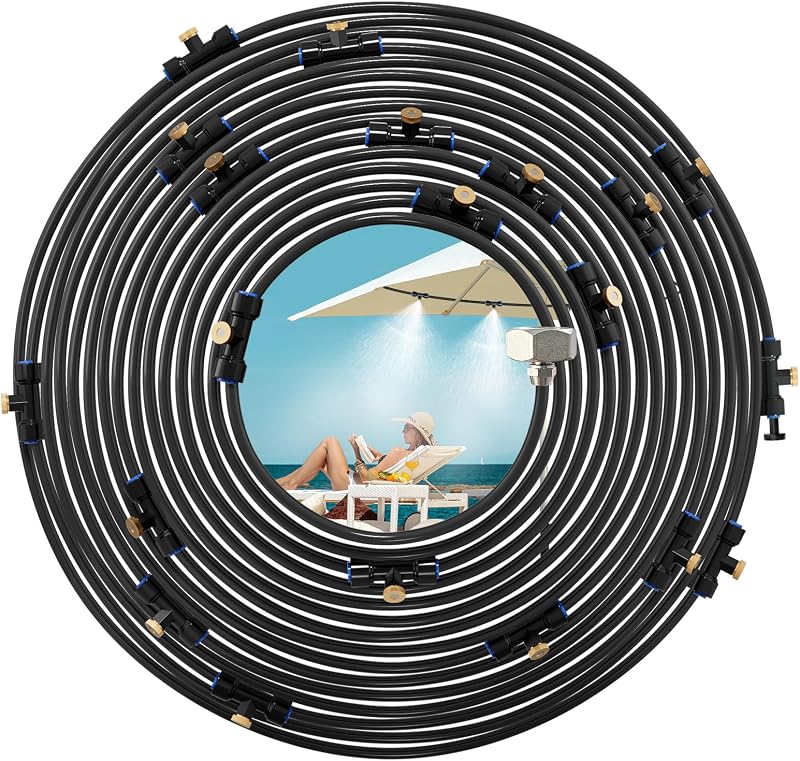Misting Cooling System, 26FT (8M) Misting Line + 7 Brass Mist Nozzles + Brass Adapter(3/4") Outdoor Mister for Patio Garden Greenhouse Trampoline for Waterpark