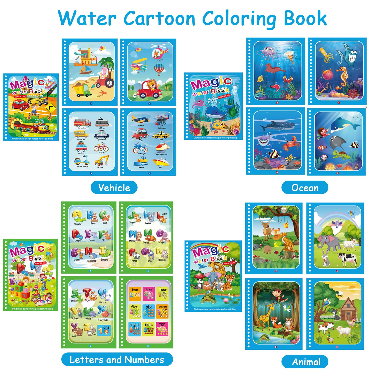 JoyPlus 4 Pezzi Libro di Pittura ad Acqua con 4 Penna Acqua, Libri da Colorare per Bambini, Riutilizzabili Libro Magico ad Acqua da Colorare, Pittura Giocattolo Regalo per Ragazzi Ragazze Bambini
