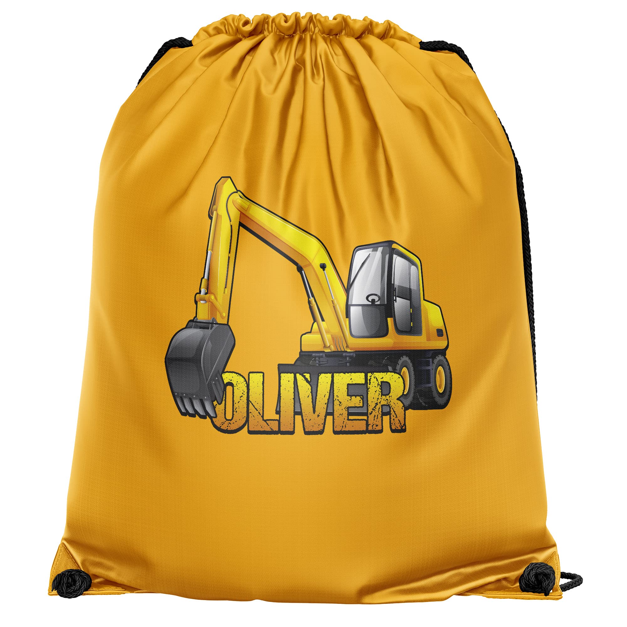 Personalised Yellow Digger Drawstring Bag, Custom Back to School and Nursery Gifts for Boys, Digger Crazy Boys, Essential Kids PE Kit Swimming Bag, One Size, Orange