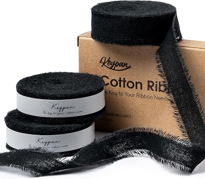 Keypan Black Frayed Cotton Ribbon, 5/8 Inch, 21 Yards | Ideal for Halloween Decor, Gothic Weddings, Black-Tie Gifts, Bouquets, Wreaths, Christmas Decor, and Crafts