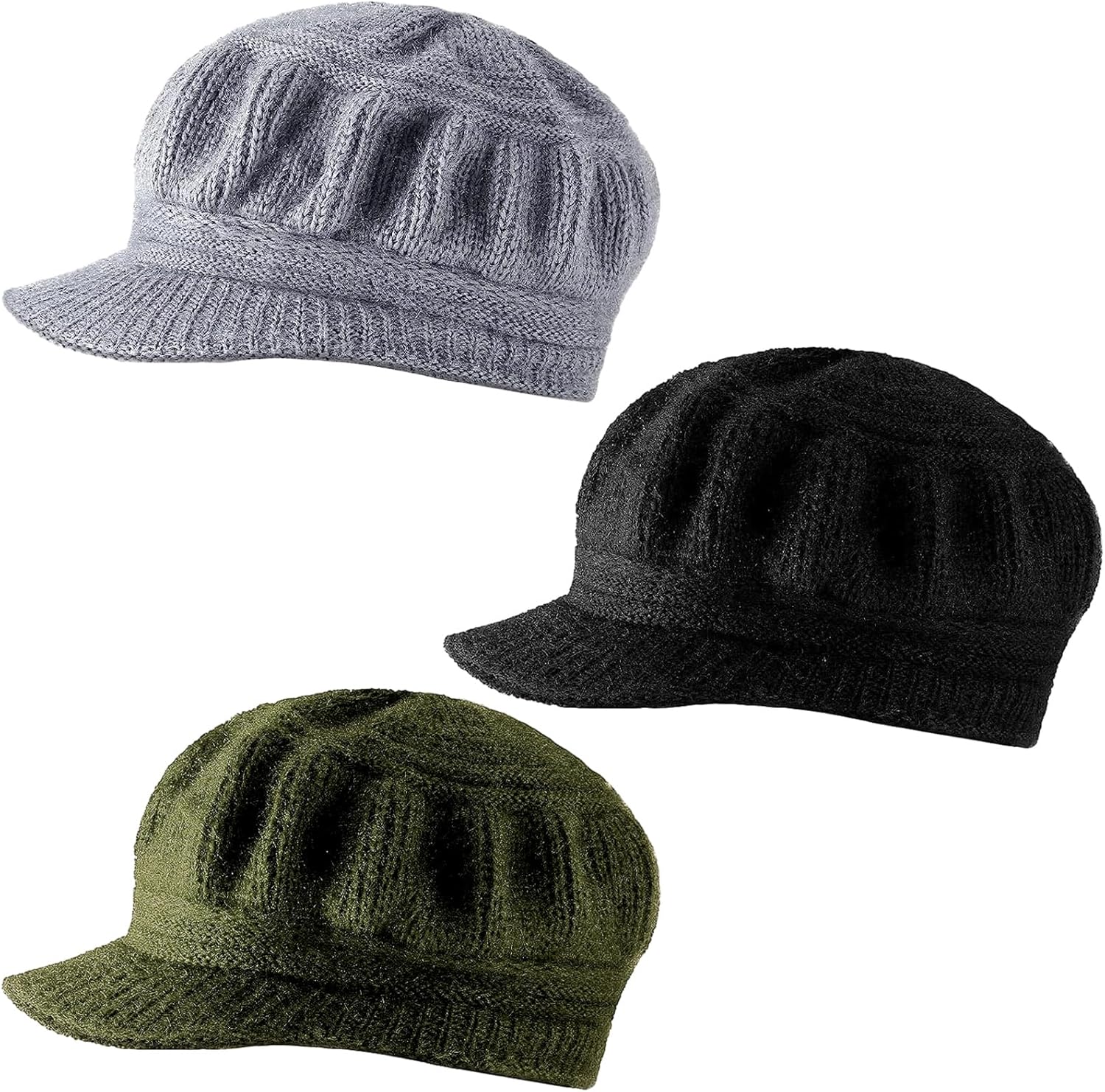 Mepase 3 Pieces Women Warm Hat for Winter Slouchy Beanie Cap with Visor Knitted Newsboy Hats for Women Ski Snow