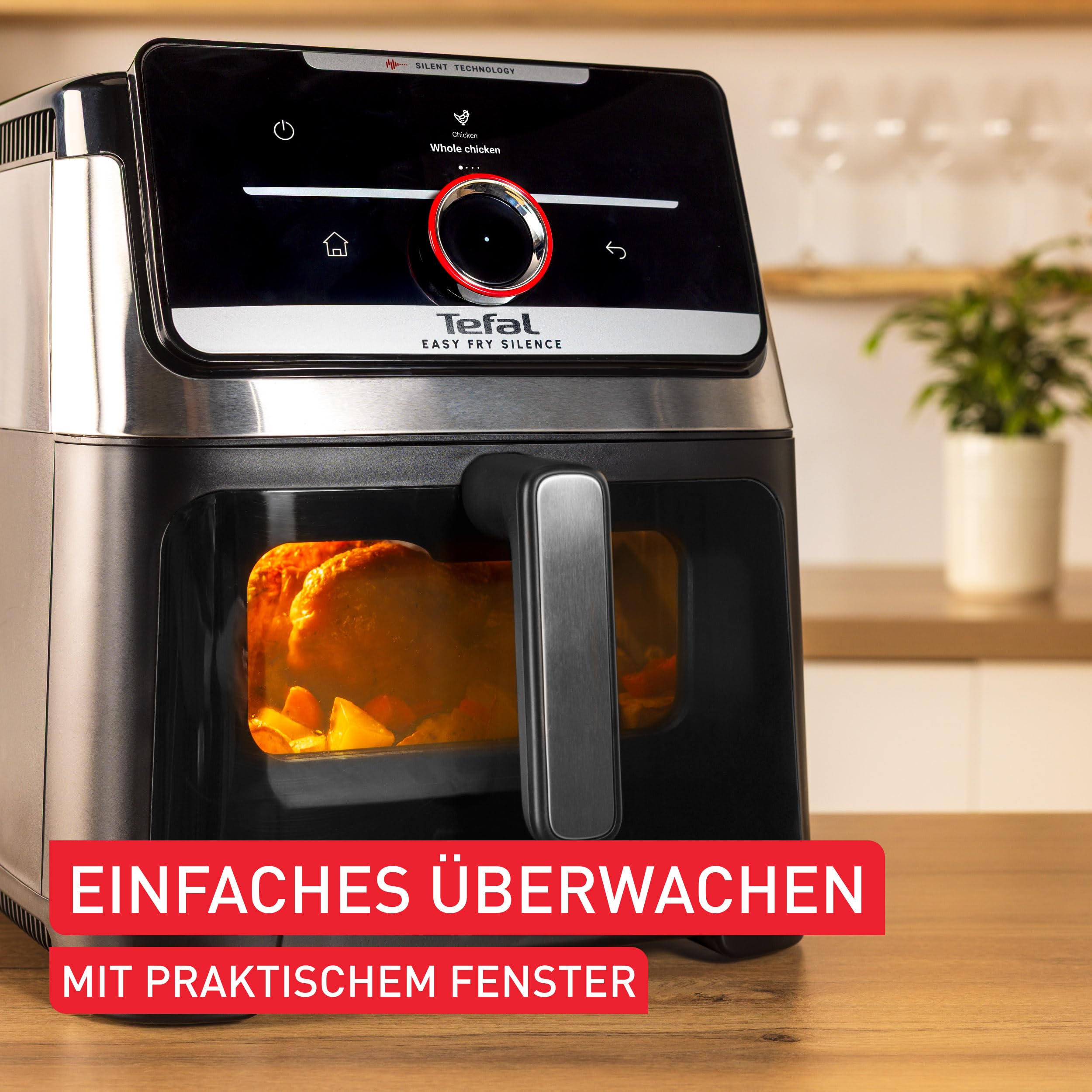 Tefal Easy Fry Silence Heißluftfritteuse, 7 L Fassungsvermögen, Silent-Technologie, Smart Assist System, bis zu 8 Portionen, abnehmbare Front mit Sichtfenster, Schwarz, EY876DE0