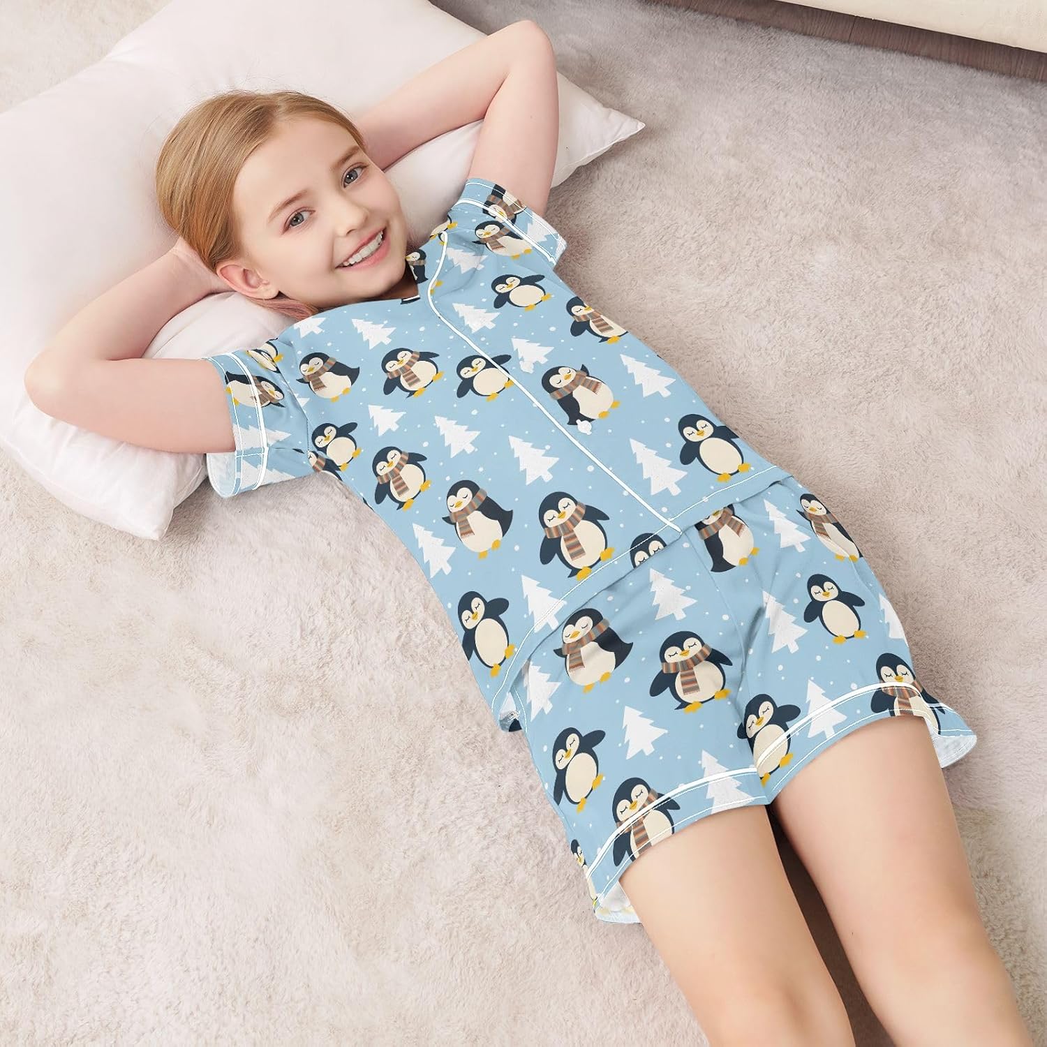Kids Satin Wear Set Winter Penguin Pine Tree Pattern Relaxing Clothing Short Sleeve and Shorts