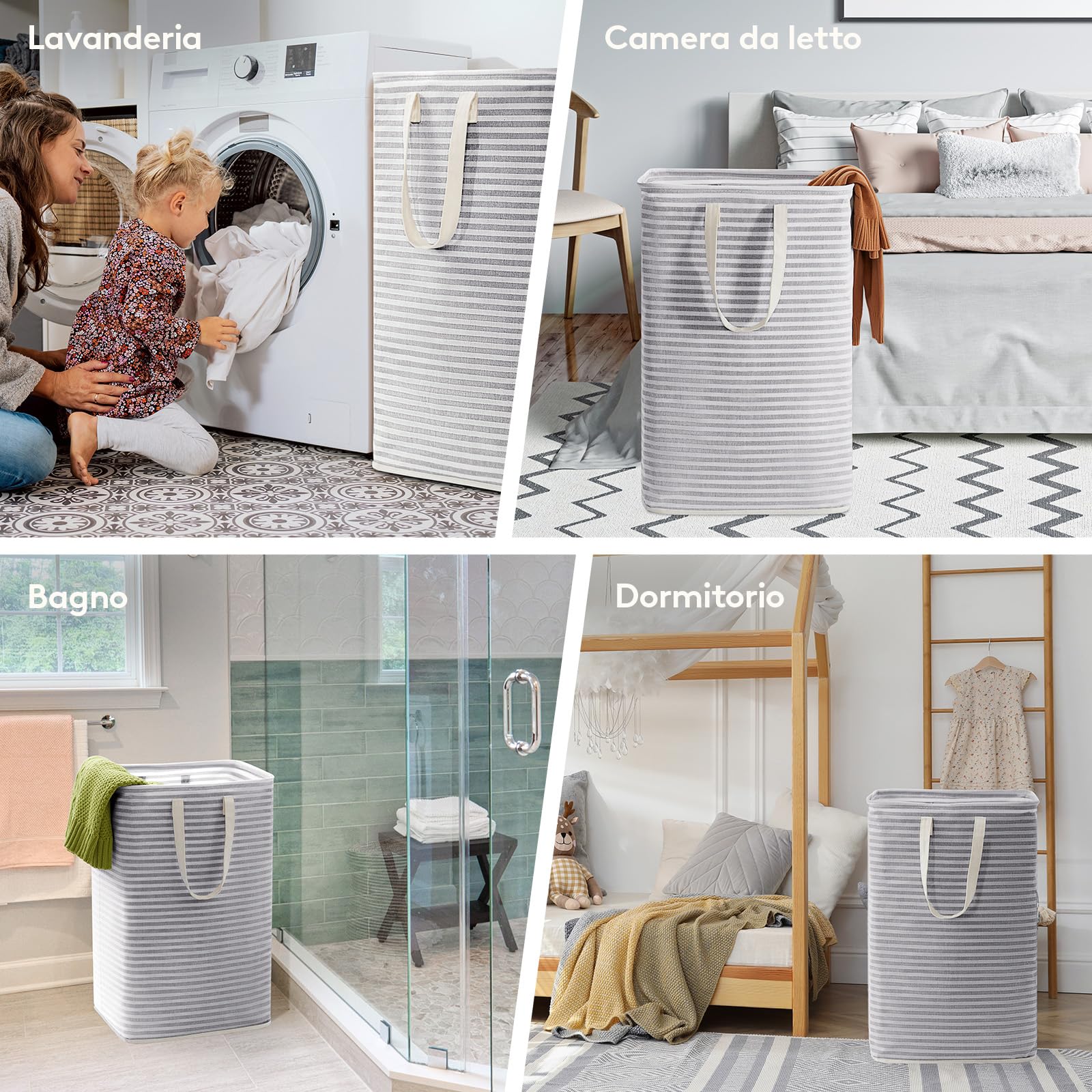 Lifewit 150L Cesto per la Biancheria con Coperchio, Grande Cesta Portabiancheria a 3 Scomparti, Portabiancheria Sporca con Manici in Bambù e 3 Sacco per la Biancheria Rimovibile, Grigio Chiaro