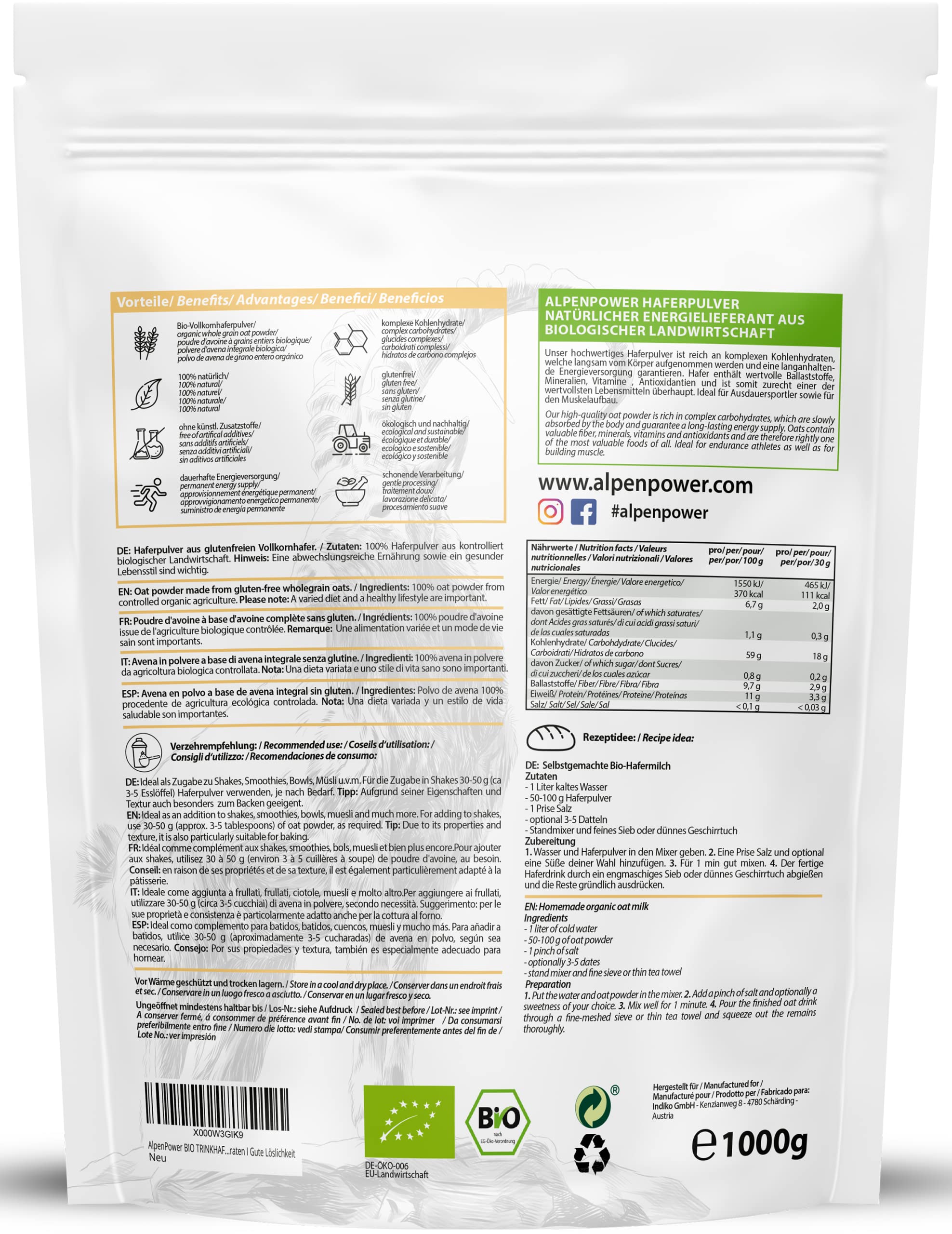 AlpenPower Avena Orgánica en polvo 1 kg - 100% pura avena integral en polvo sin aditivos - Sin gluten y rico en carbohidratos complejos