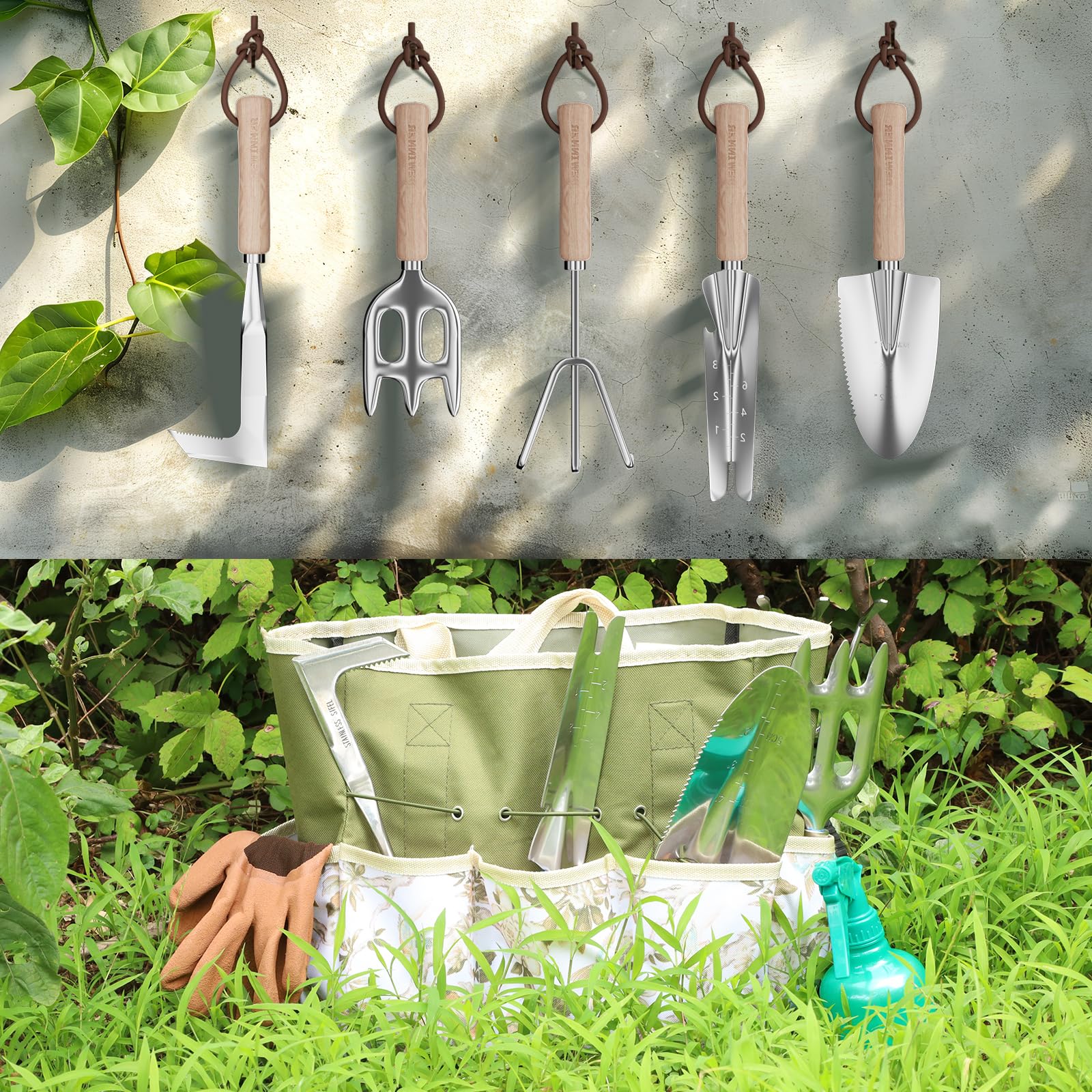 DEWINNER Set Di Attrezzi Da Giardinaggio, 12 Pezzi Kit Giardinaggio Con Manico in Legno Antiscivolo, In Acciaio Inox, Per Esterni Attrezzi Da Giardino, Strumenti Da Giardinaggio per Donne E Uomini