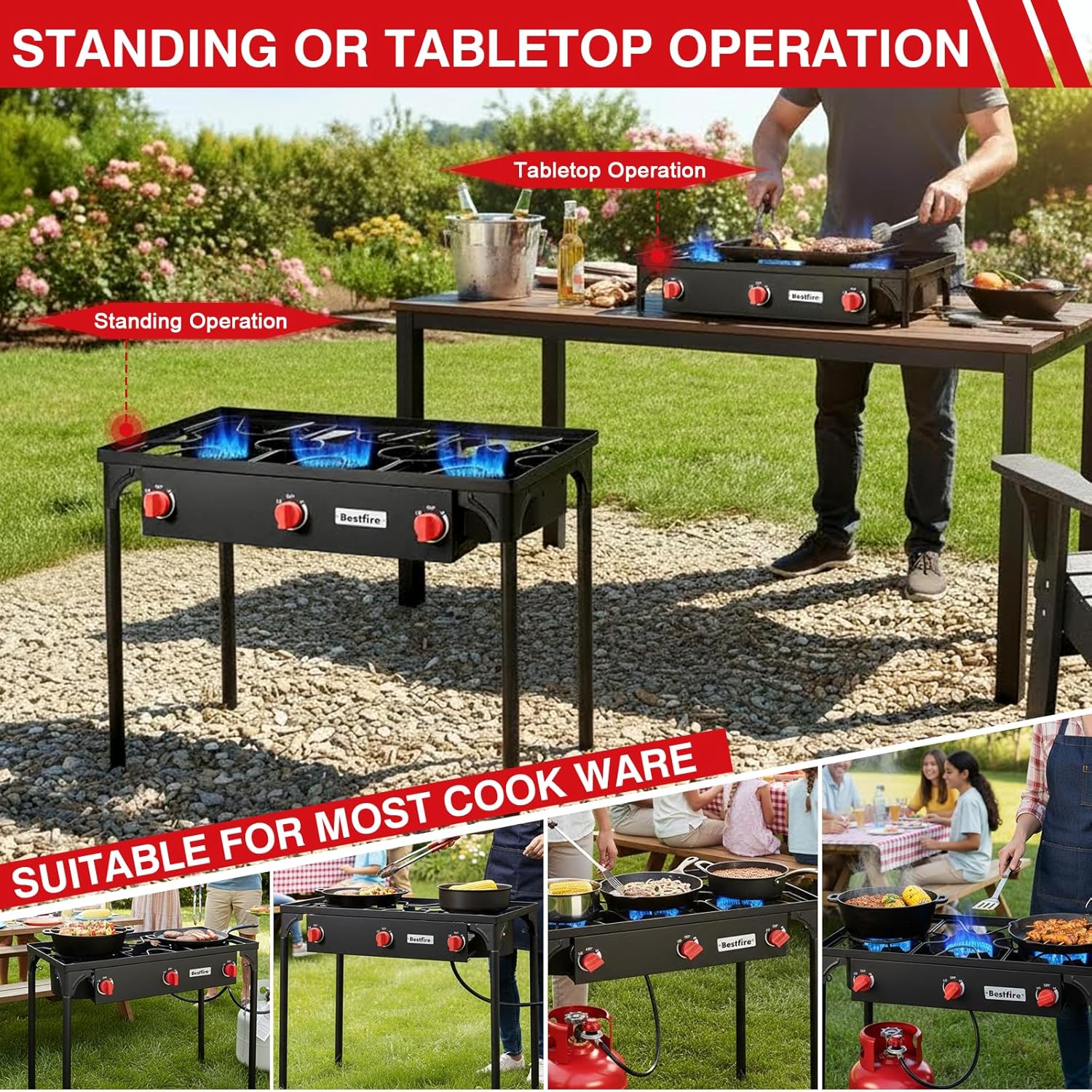 Bestfire 3 Burners Camping Stove for Cooking Outdoor, 225,000 BTU Propane Burners with Ignition wire&Removable Legs, Temperature Control Knobs and 20 PSIG High Pressure Regulator for BBQ