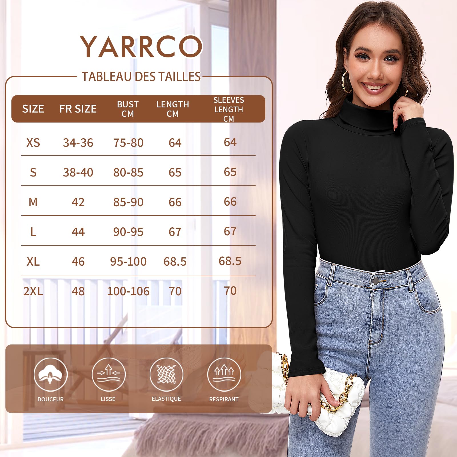 YARRCO Haut Thermique Femme Manche Longue Col roulé Casual sous-vêtements Thermiques Chaud & Léger Ski sous Pull t Shirt Hiver Doux et Confortable