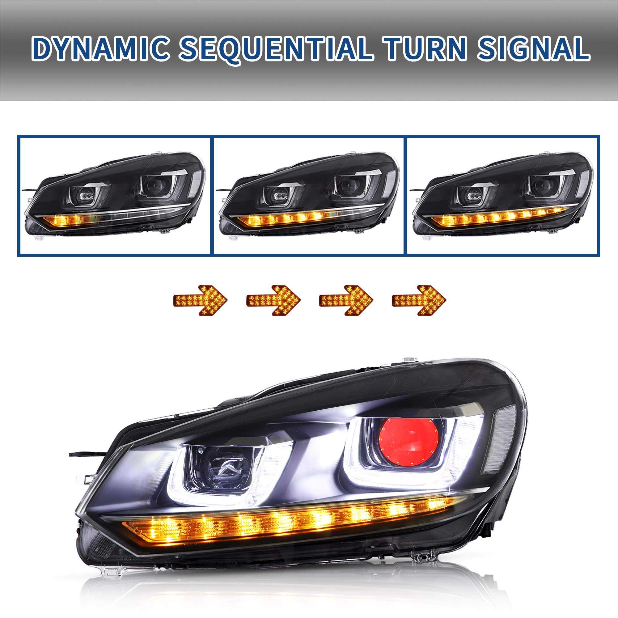 VLAND - Fari di Ricambio per Golf 6 MK6 TSI 2008-2013 [Non Adatto a GTI/R/TDI] Set di Fari Anteriori, Con Indicatore Sequenziale (Demon Eyes)